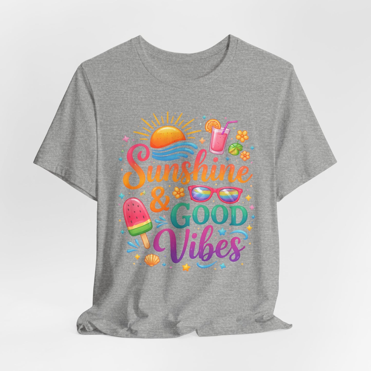 Sunshine & Good Vibes T-Shirt | Summer Beach Drink Sunglasses Popsicle Design