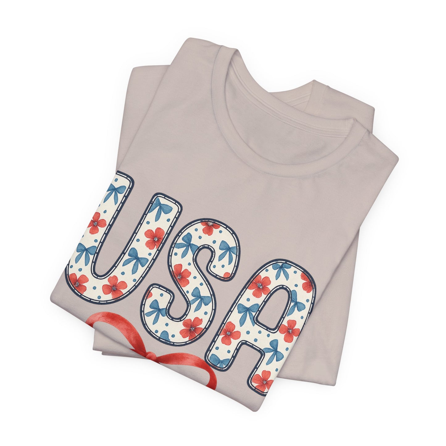 USA Floral Graphic Tee with Ribbon – 4th of July Patriotic Shirt