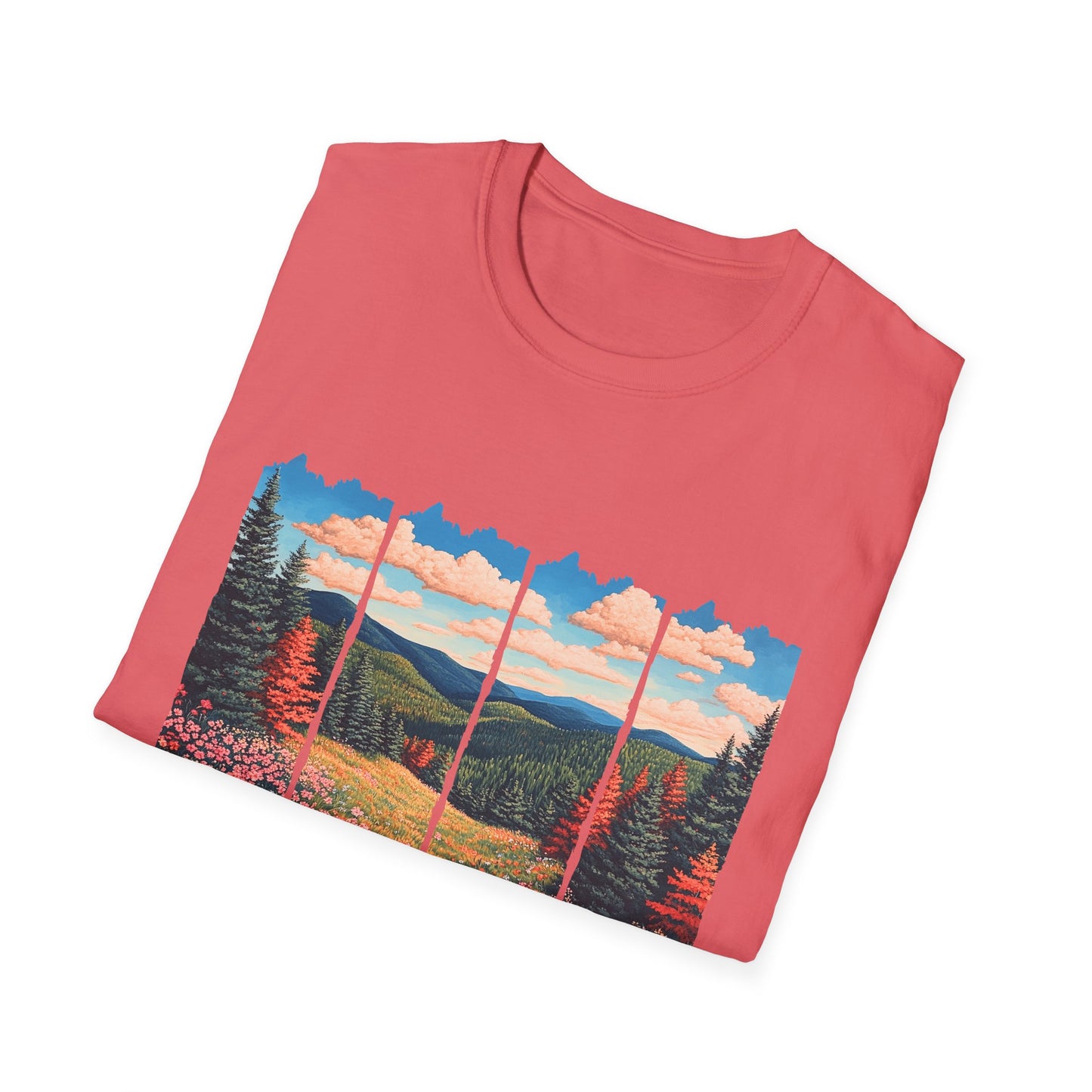 Scenic Meadow Sunrise T-Shirt — Vintage Window Pane Mountain Landscape Tee