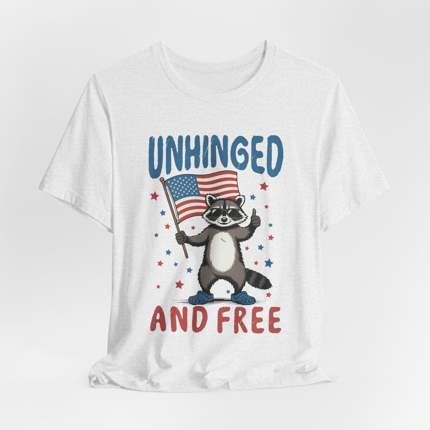 T‑Shirt — "Unhinged and Free" Raccoon American Flag Graphic Tee