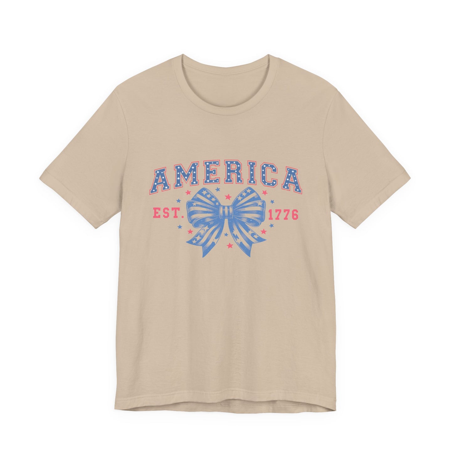 America Est. 1776 Patriotic T-Shirt – Stars & Stripes Bow Graphic