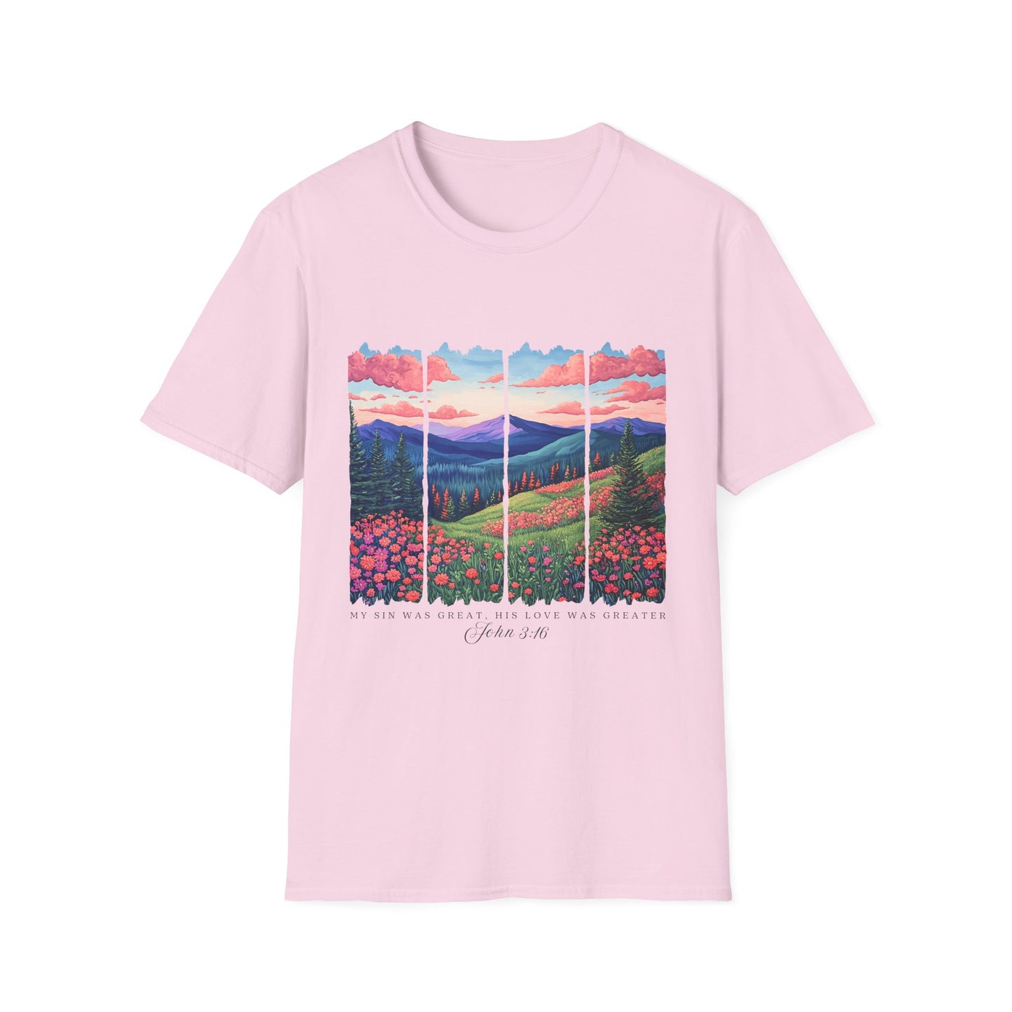 Scenic Mountain Sunset T-Shirt — Wildflower Valley Landscape Tee