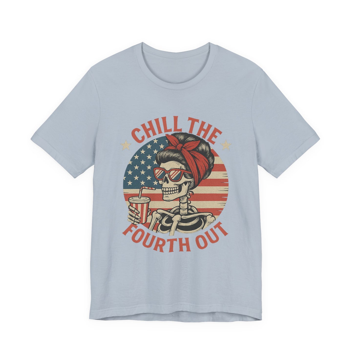 Chill the Fourth Out Tee – Retro Skull with American Flag & Drink | 4th of July Patriotic Shirt