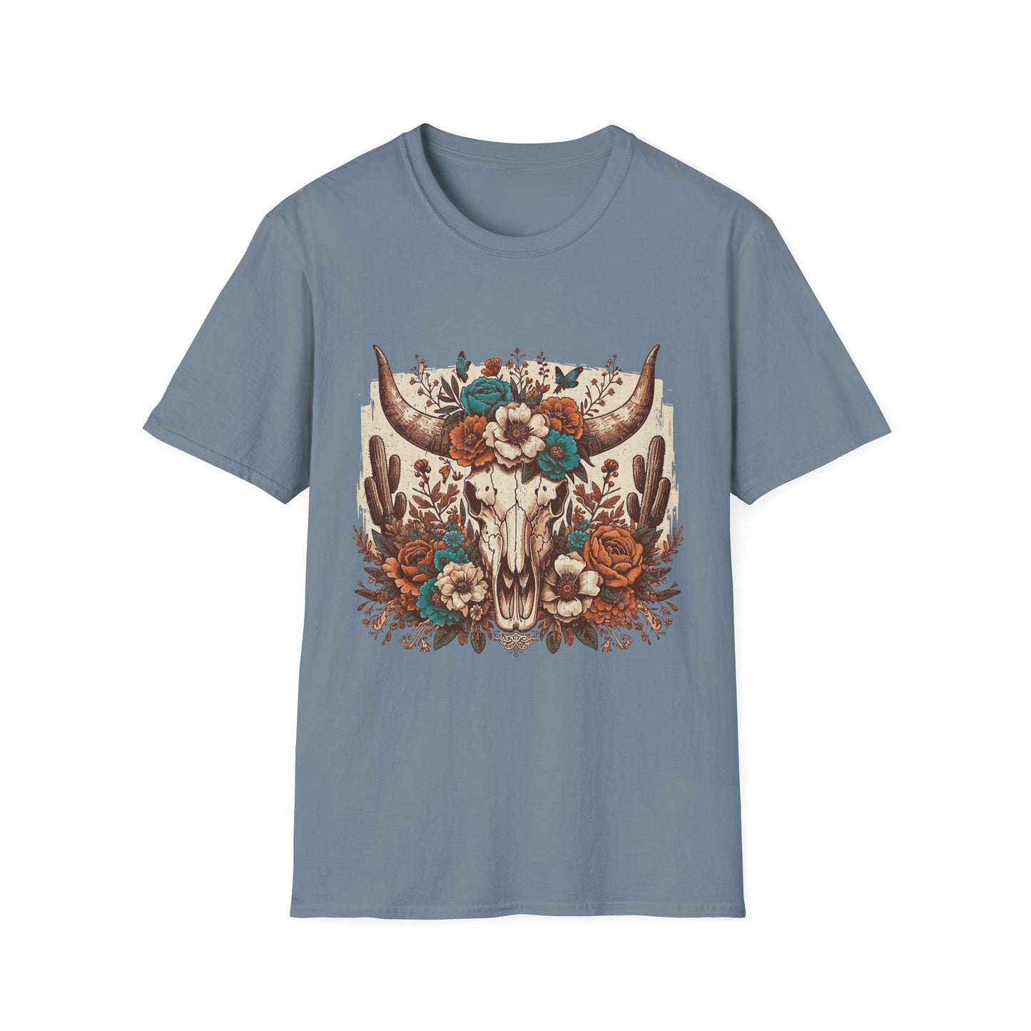 Boho Western Skull T-Shirt — Floral Longhorn Graphic Tee