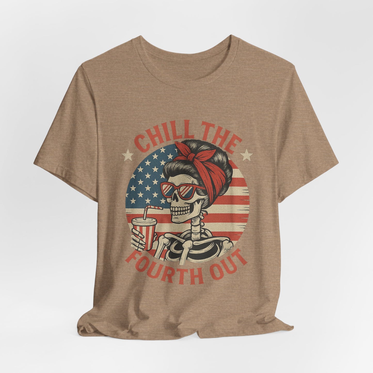 Chill the Fourth Out Tee – Retro Skull with American Flag & Drink | 4th of July Patriotic Shirt