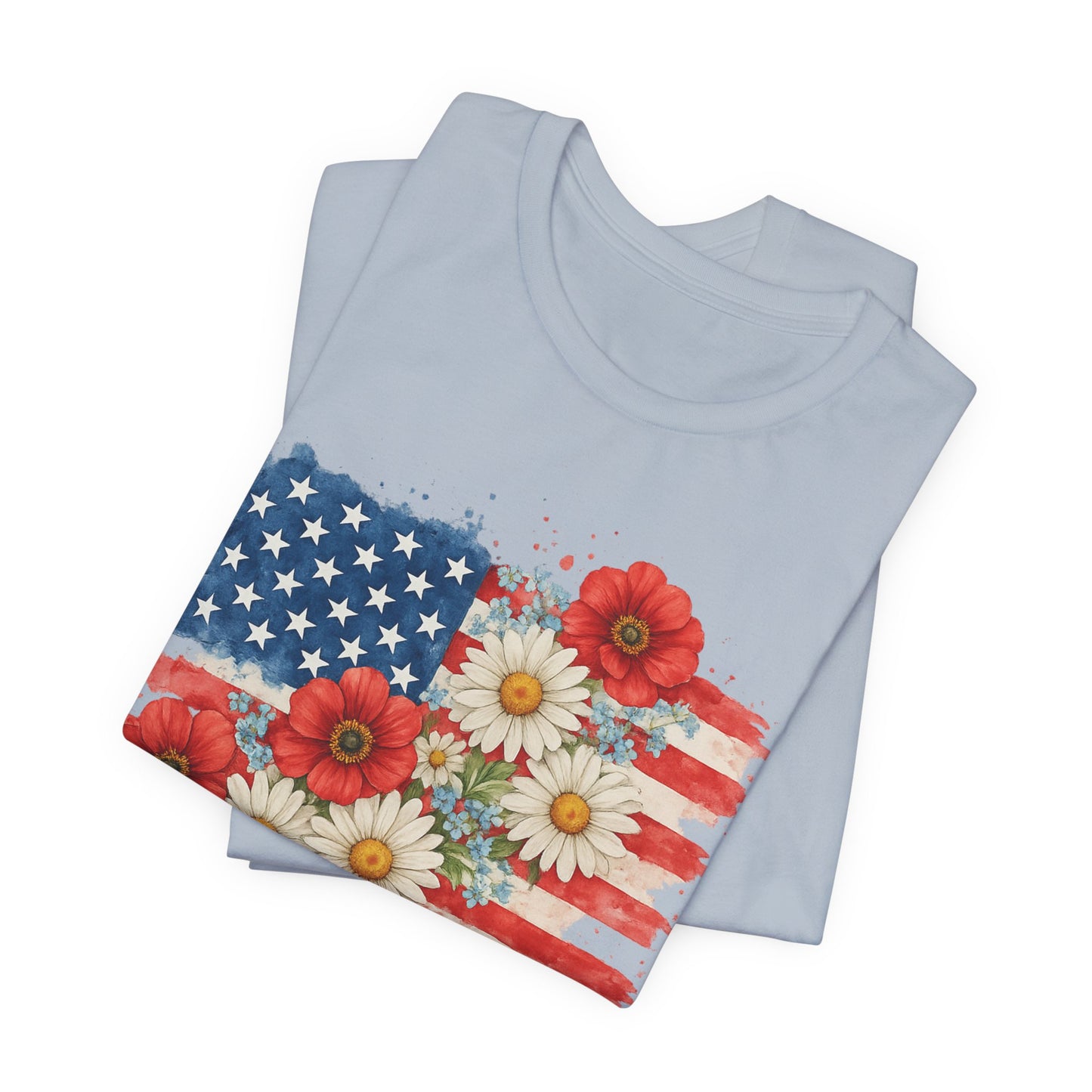 American Flag Floral T‑Shirt – Patriotic Daisy & Poppy USA Tee