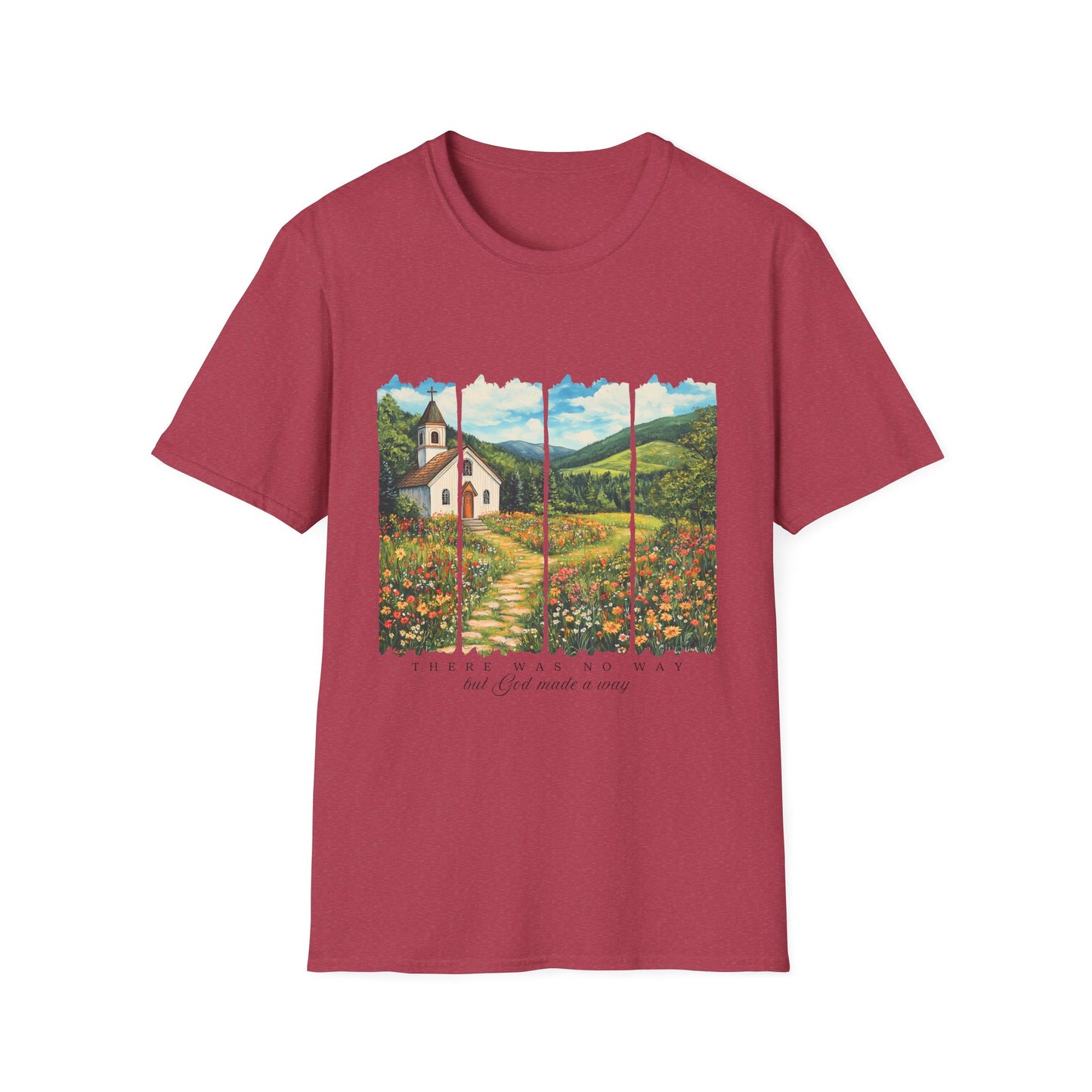 Scenic Chapel Landscape T-Shirt — Countryside Floral Mountain Art Tee