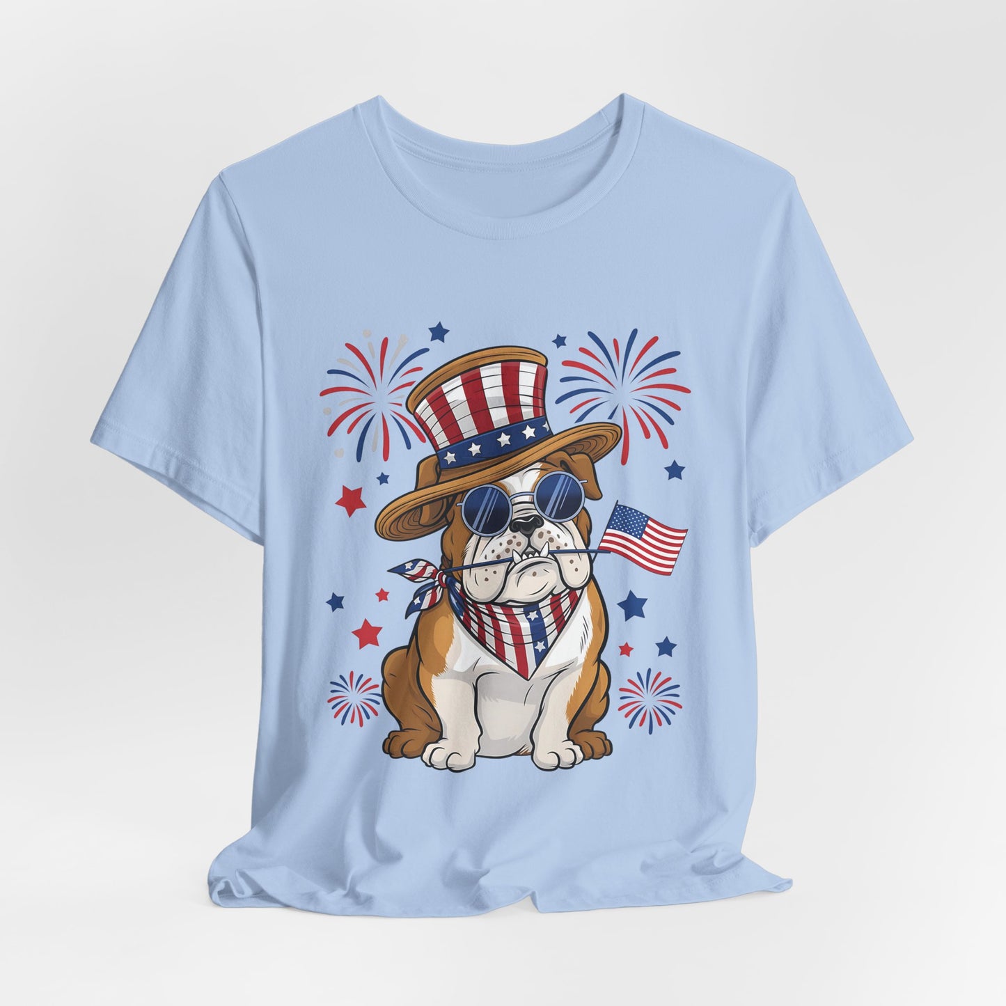 Patriotic Bulldog T-Shirt — American Flag Pup with Uncle Sam Hat & Fireworks (4th of July Tee)