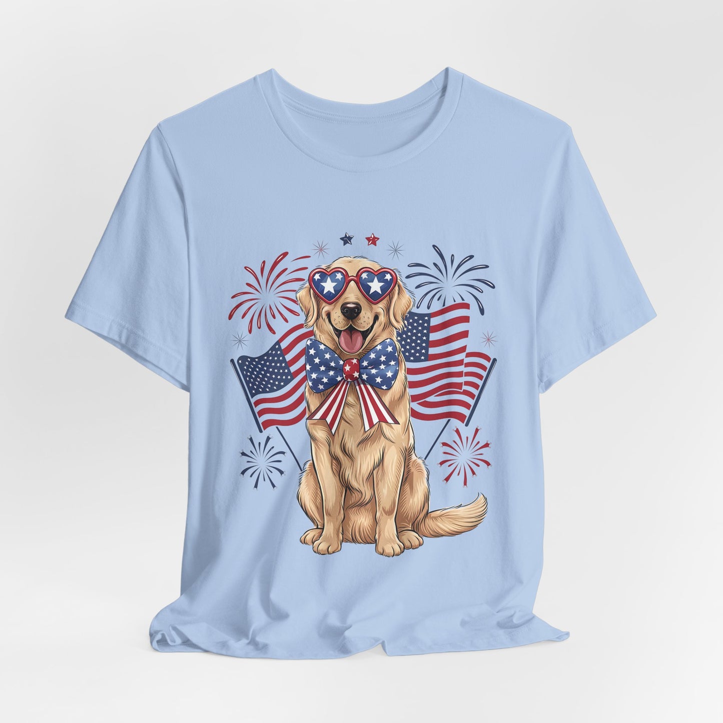 Patriotic Golden Retriever T‑Shirt — USA Flag Dog with Fireworks