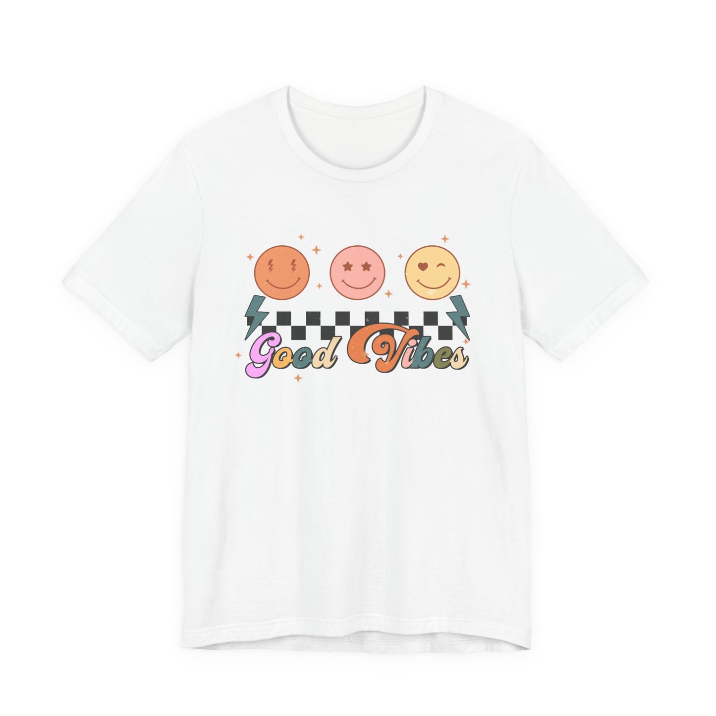 Good Vibes Smiley Tee — Retro Checkerboard Positive Graphic T-Shirt
