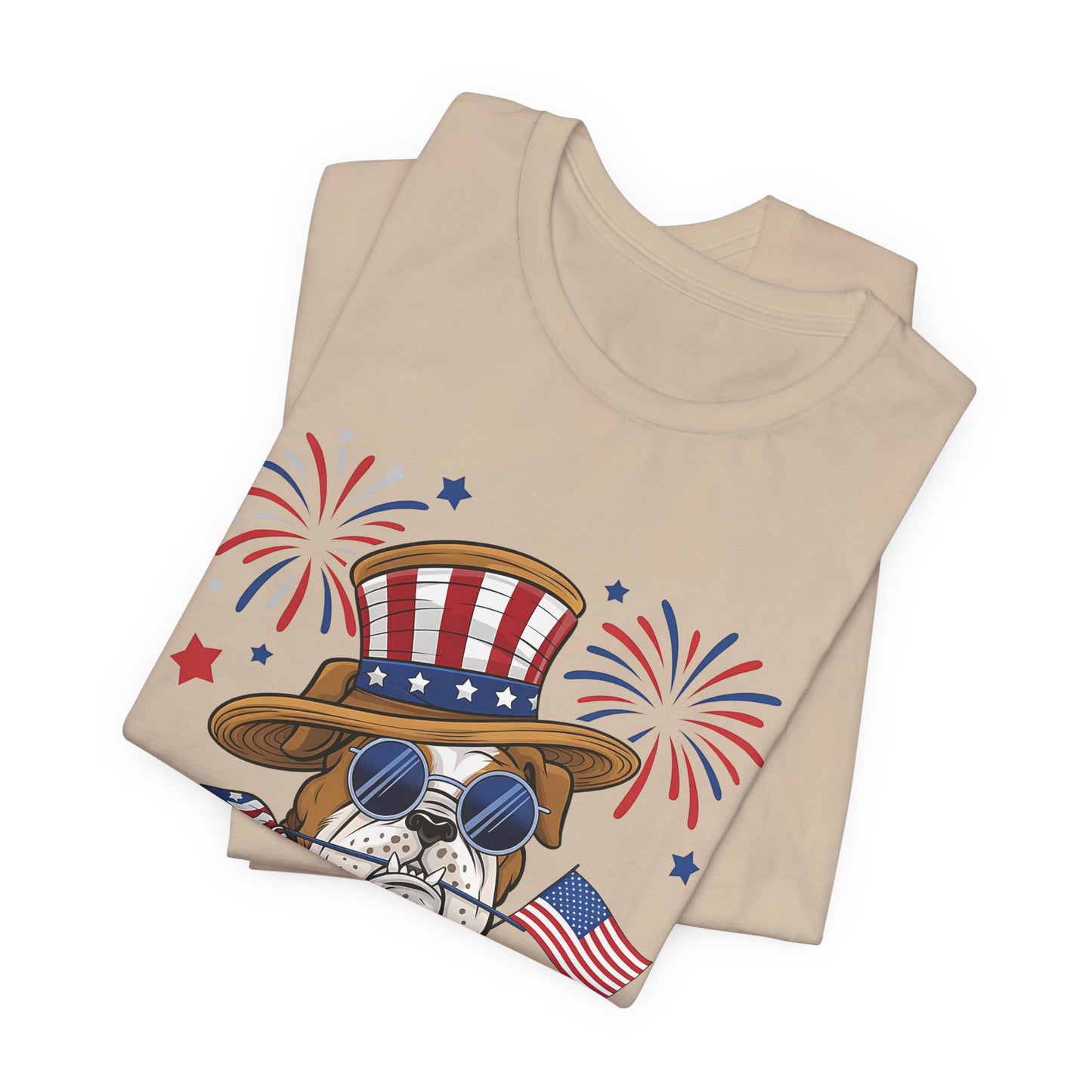 Patriotic Bulldog T-Shirt — American Flag Pup with Uncle Sam Hat & Fireworks (4th of July Tee)