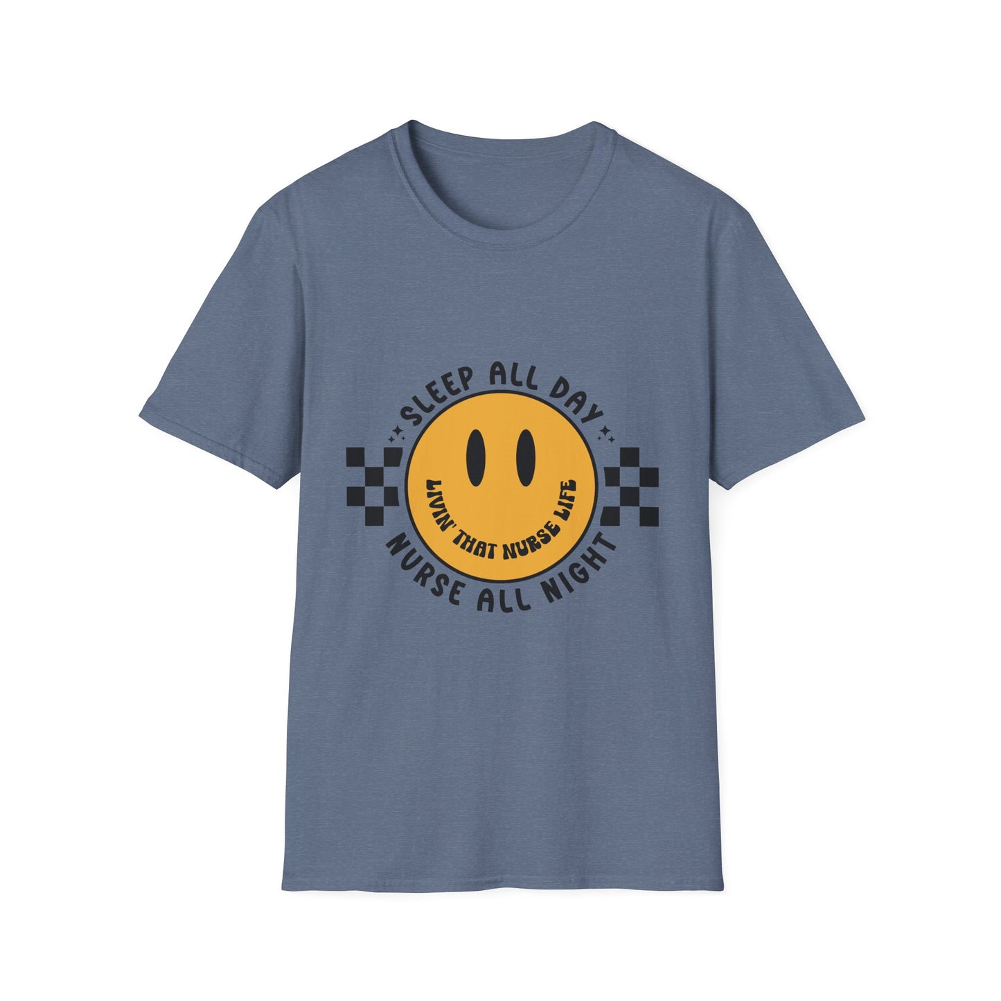 Nurse Smiley Tee — “Sleep All Day, Nurse All Night” Graphic T-Shirt