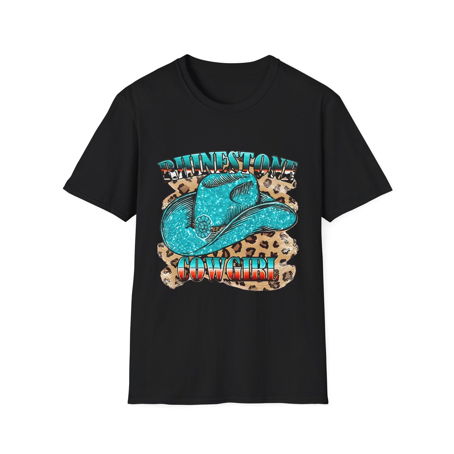 Rhinestone Cowgirl Tee – Turquoise Cowboy Hat on Leopard Print