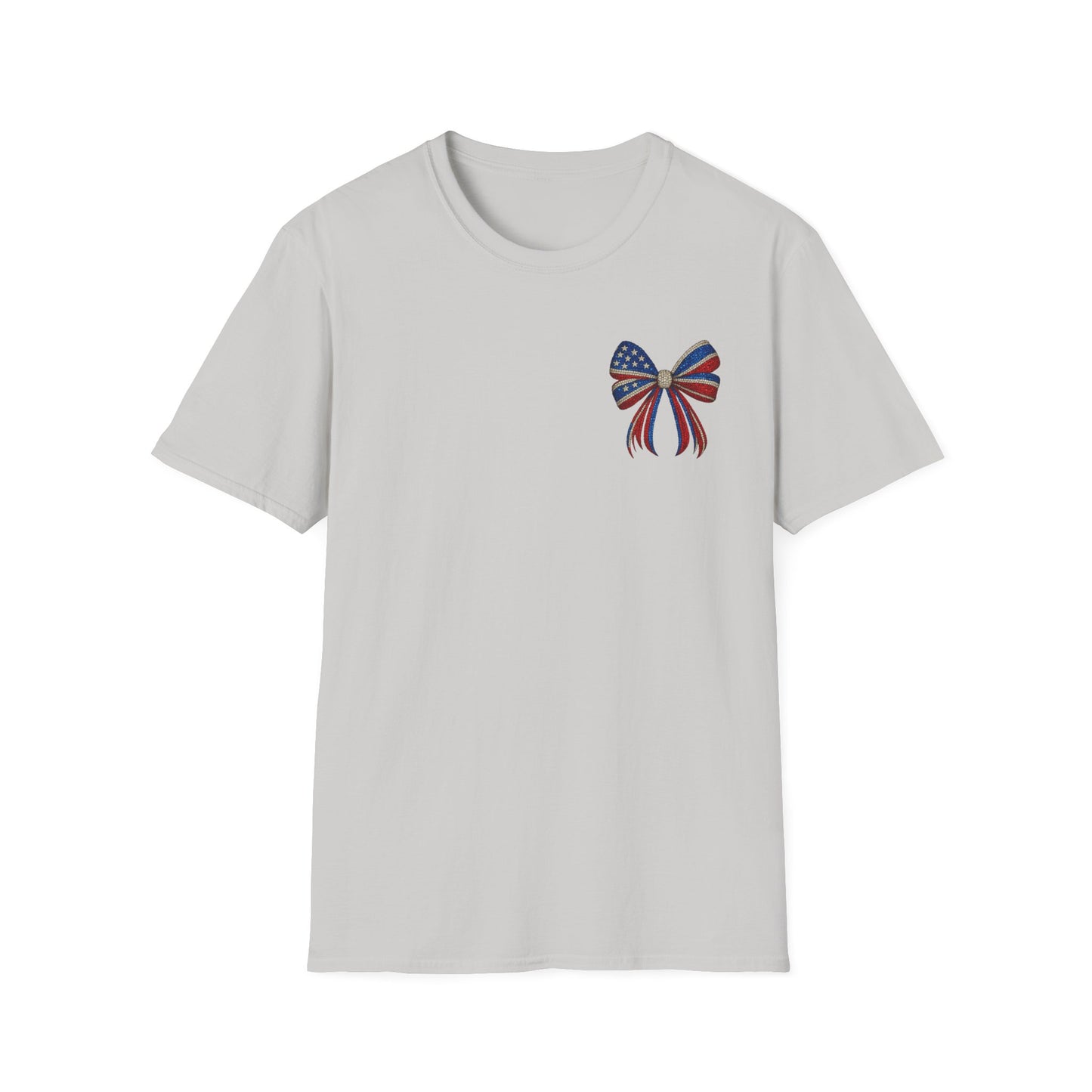 Patriotic Tee - "Land of the Free Because of the Brave" American Flag Bow