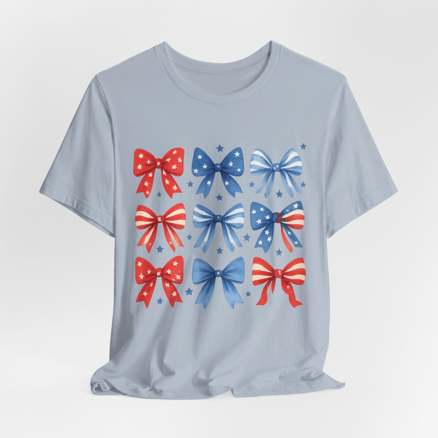 Patriotic Red & Blue Bows Tee — 4th of July Graphic T-Shirt