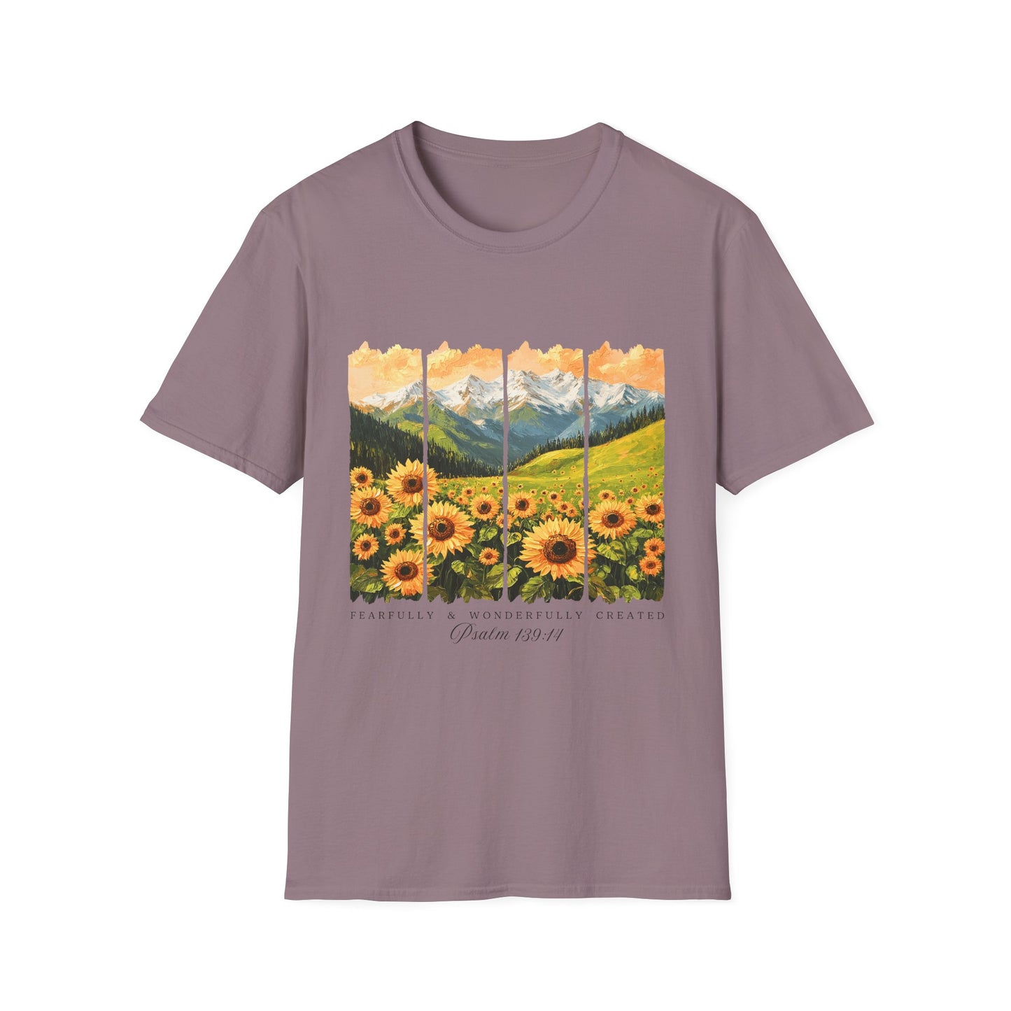 Sunflower Mountain Poster T-Shirt — Scenic Field & Peaks Graphic Tee