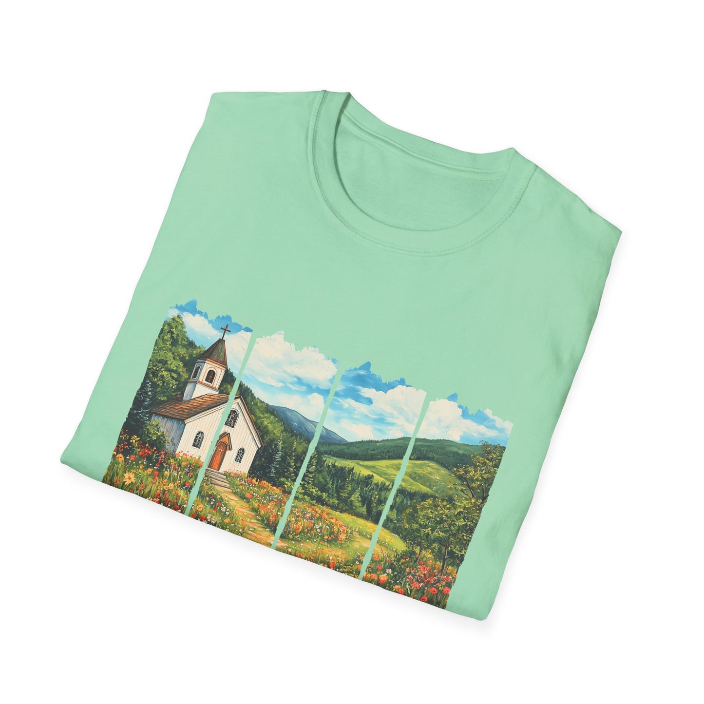 Scenic Chapel Landscape T-Shirt — Countryside Floral Mountain Art Tee