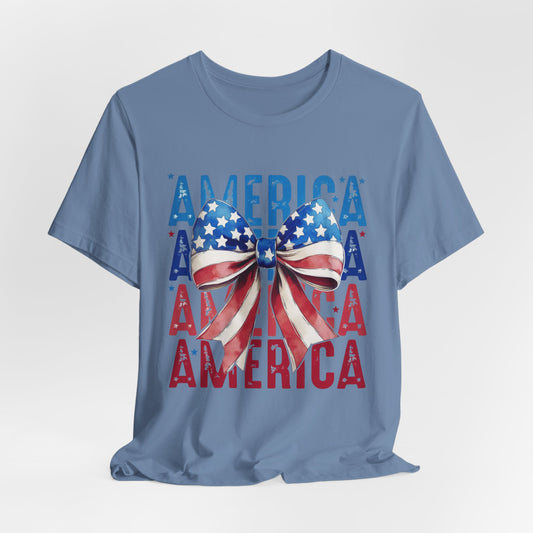 Patriotic America Bow T-Shirt — USA Flag Ribbon 4th of July Tee