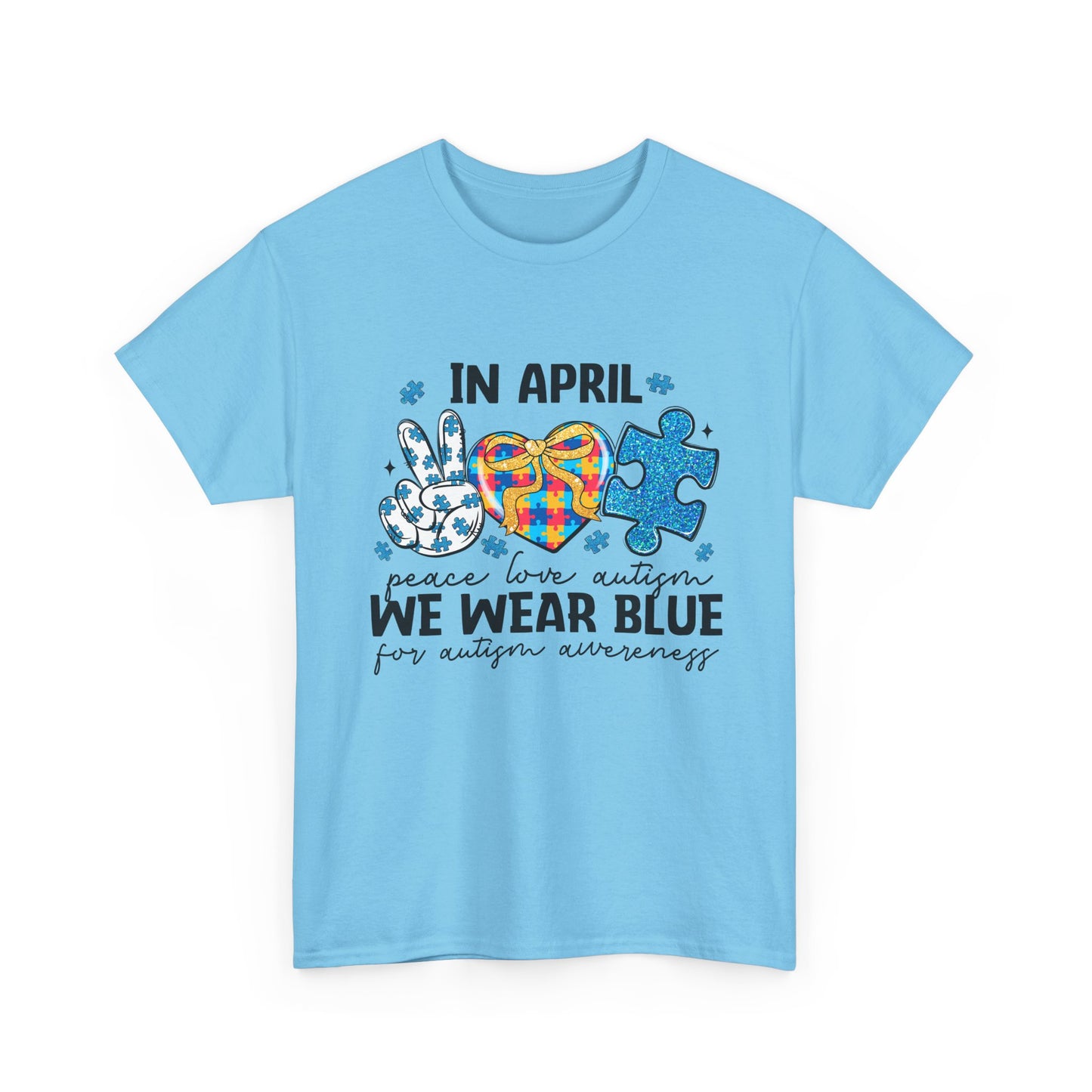Autism Awareness Tee — "In April We Wear Blue" Puzzle Heart Peace Sign