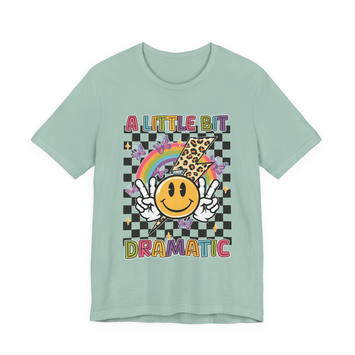 A Little Bit Dramatic Graphic Tee — Smiley Rainbow Checkerboard T-Shirt