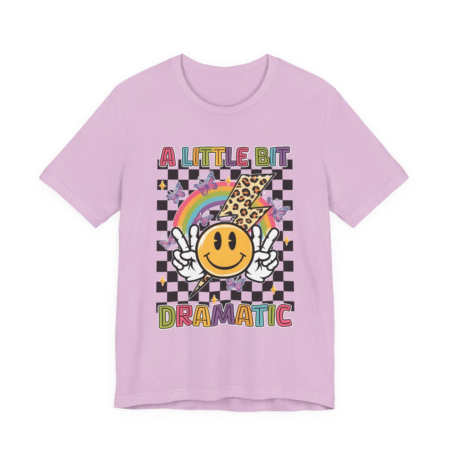 A Little Bit Dramatic Graphic Tee — Smiley Rainbow Checkerboard T-Shirt