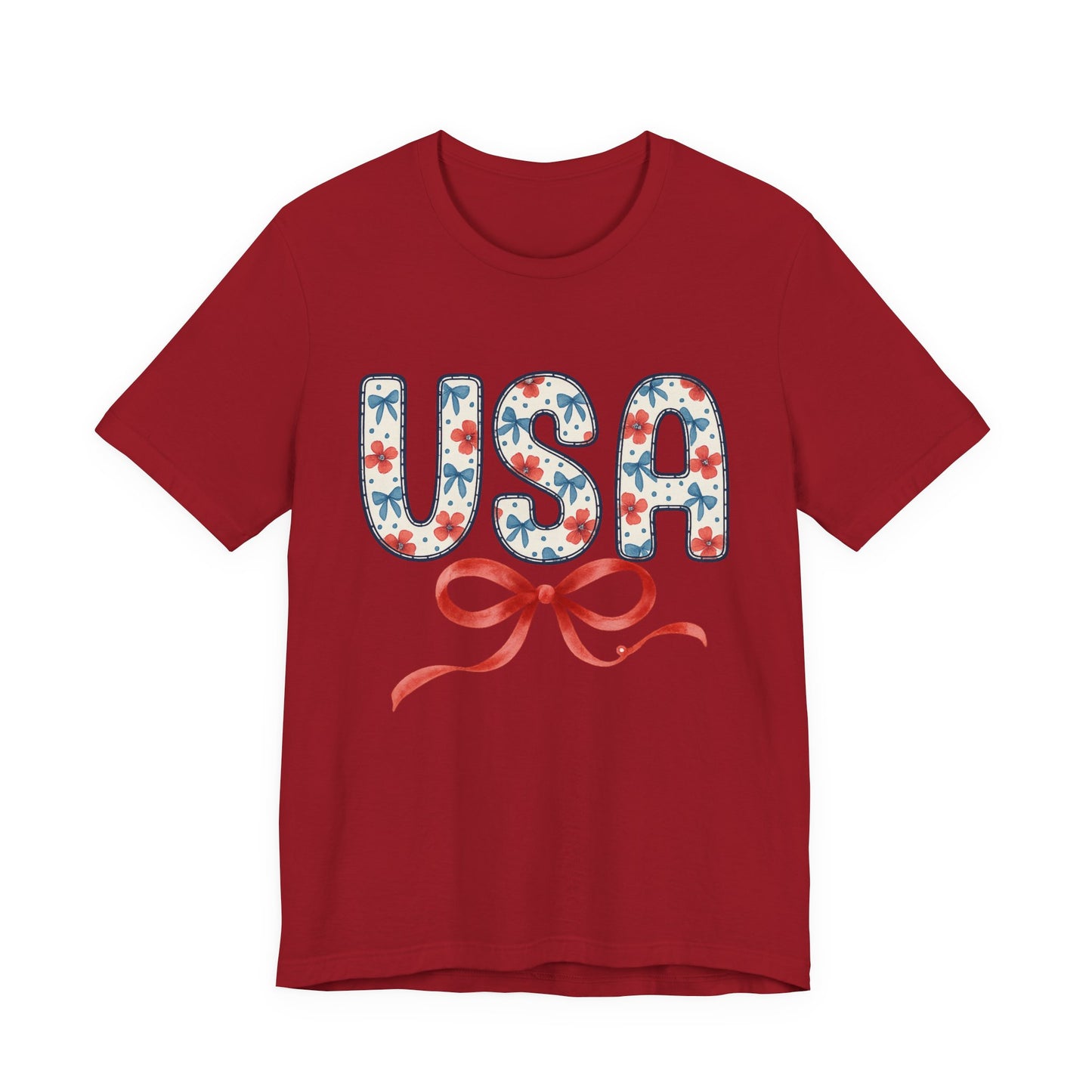 USA Floral Graphic Tee with Ribbon – 4th of July Patriotic Shirt