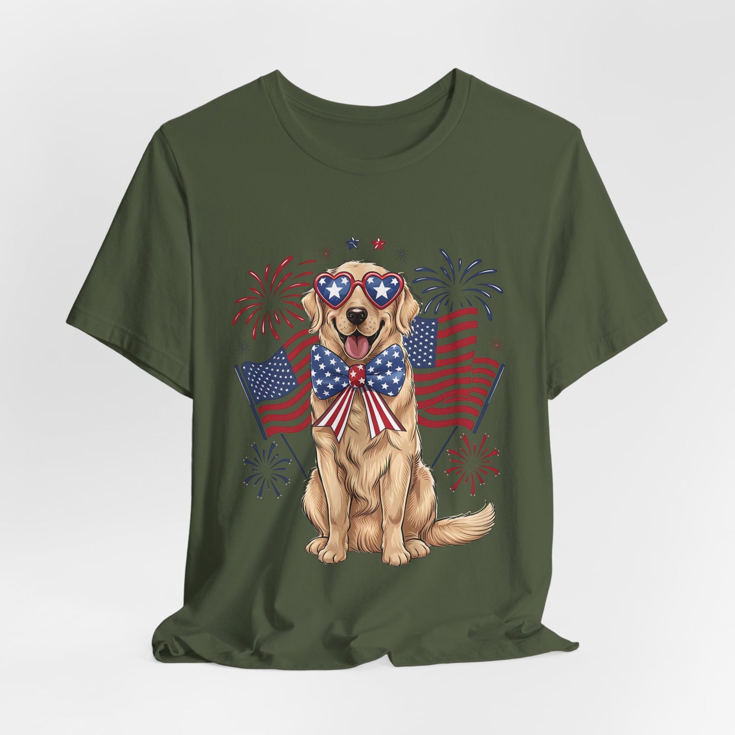 Patriotic Golden Retriever T‑Shirt — USA Flag Dog with Fireworks