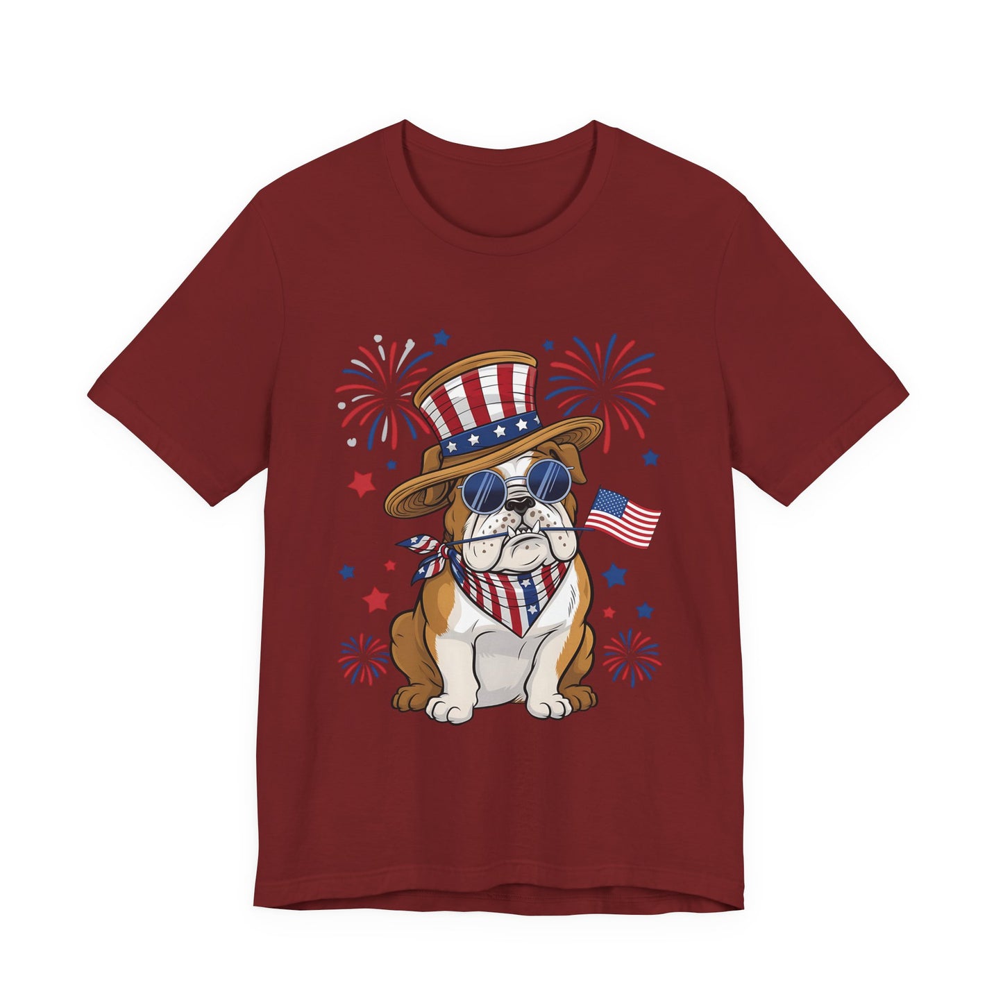 Patriotic Bulldog T-Shirt — American Flag Pup with Uncle Sam Hat & Fireworks (4th of July Tee)