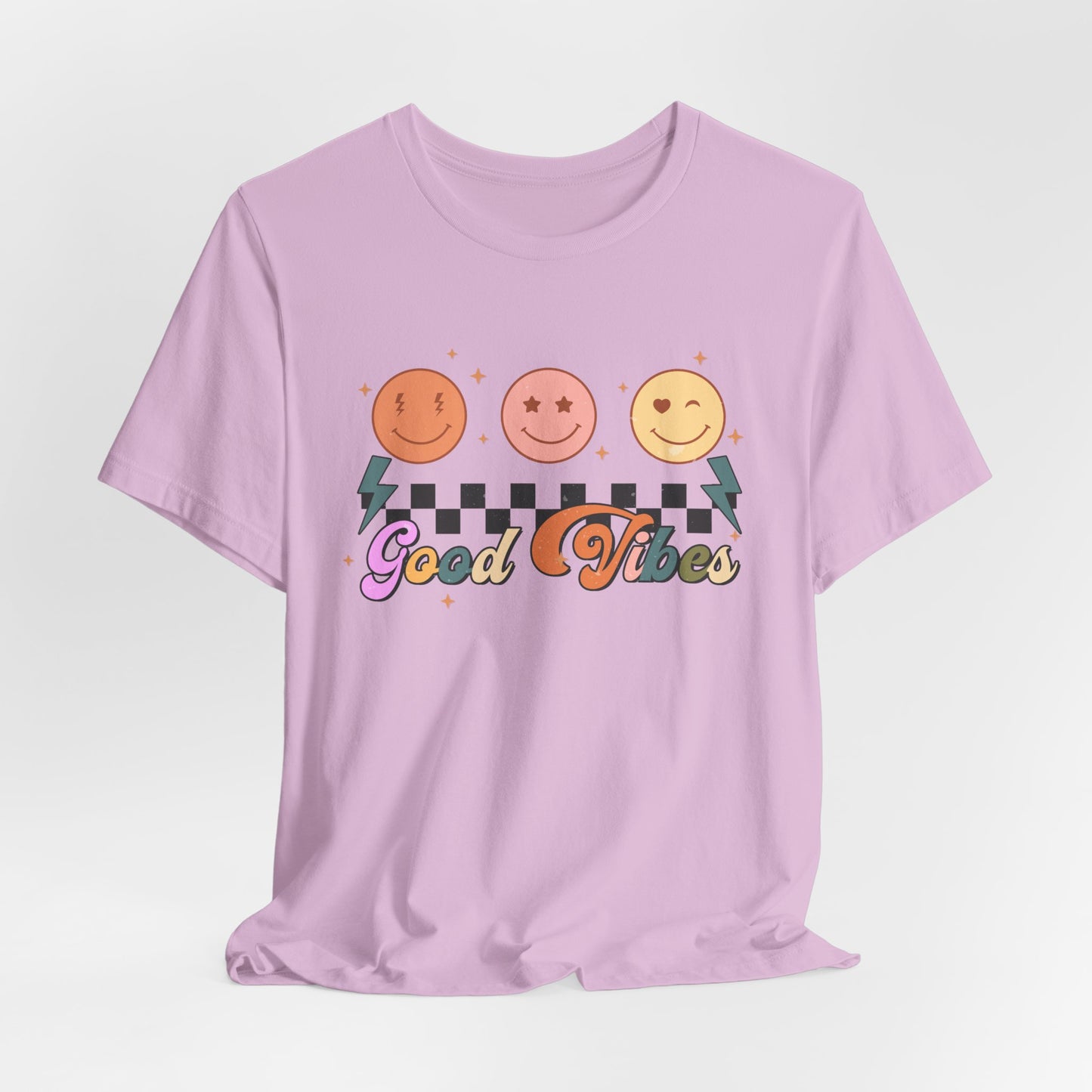 Good Vibes Smiley Tee — Retro Checkerboard Positive Graphic T-Shirt