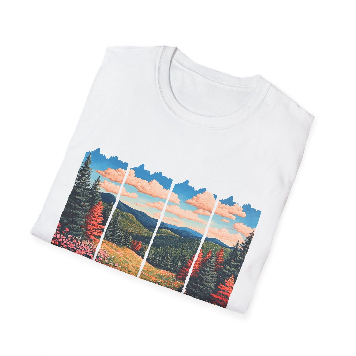 Scenic Meadow Sunrise T-Shirt — Vintage Window Pane Mountain Landscape Tee