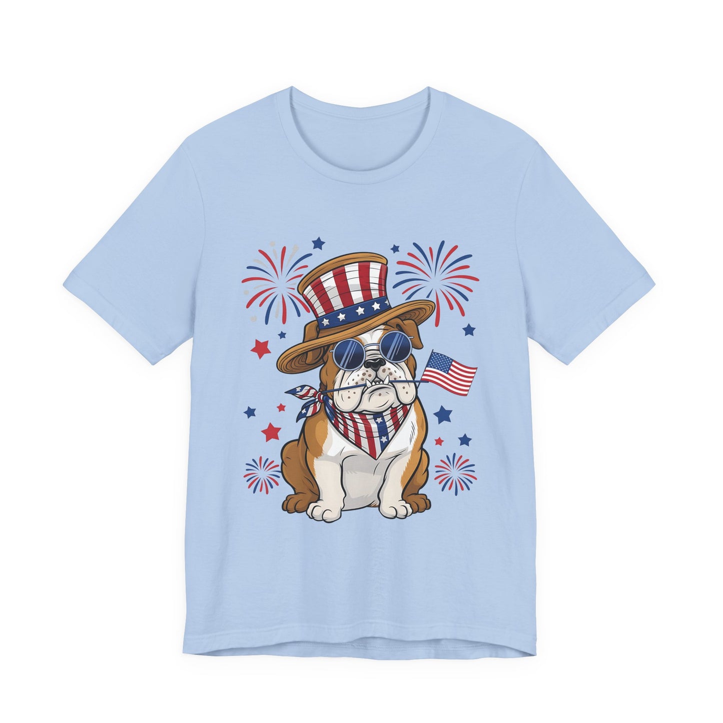 Patriotic Bulldog T-Shirt — American Flag Pup with Uncle Sam Hat & Fireworks (4th of July Tee)