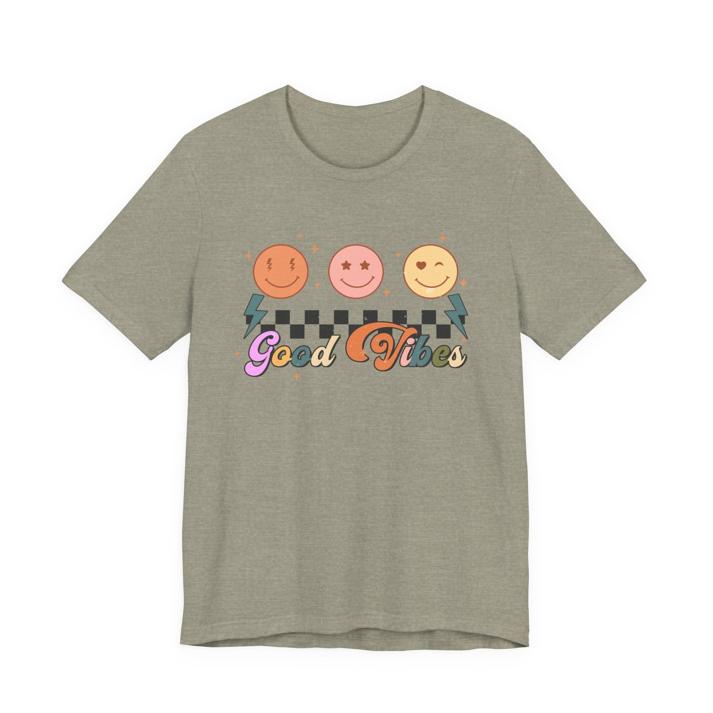 Good Vibes Smiley Tee — Retro Checkerboard Positive Graphic T-Shirt