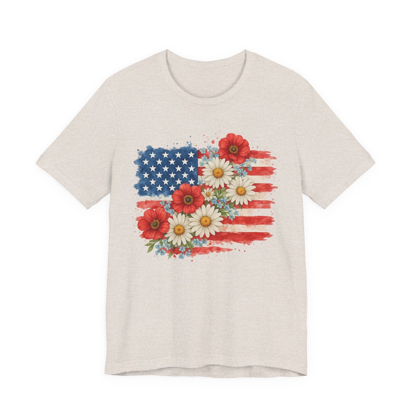 American Flag Floral T‑Shirt – Patriotic Daisy & Poppy USA Tee