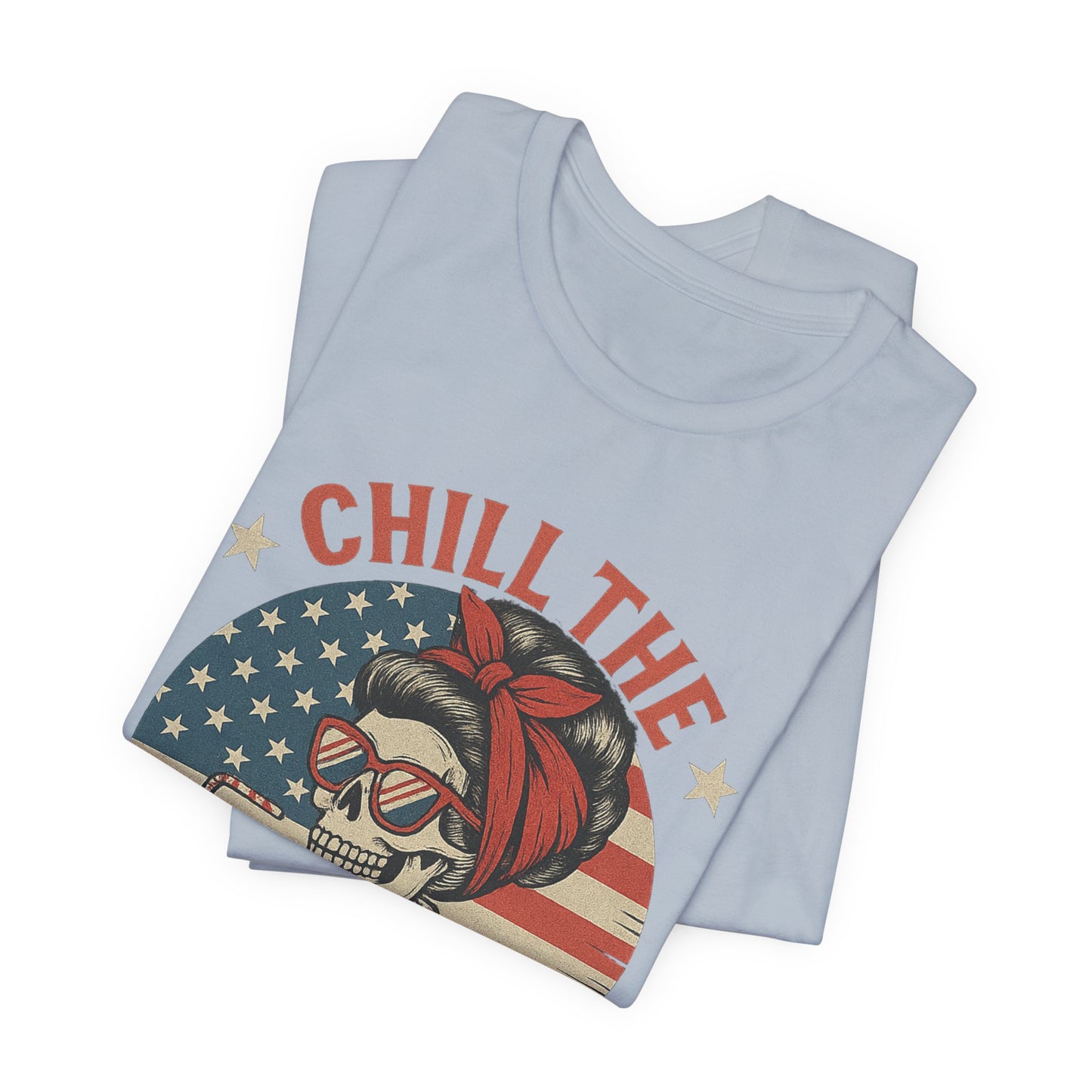 Chill the Fourth Out Tee – Retro Skull with American Flag & Drink | 4th of July Patriotic Shirt