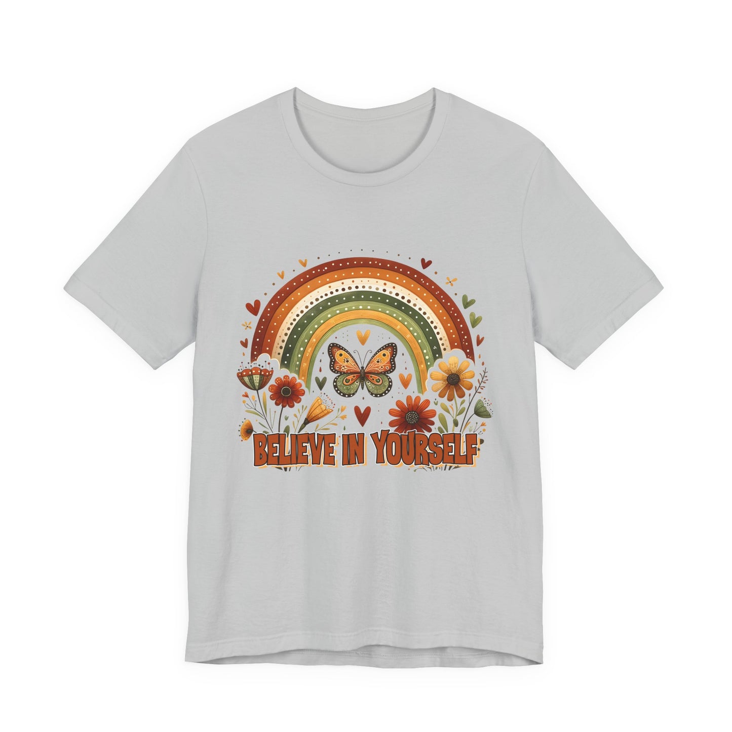 Believe In Yourself Butterfly Tee — Retro Rainbow Floral Inspirational T‑Shirt