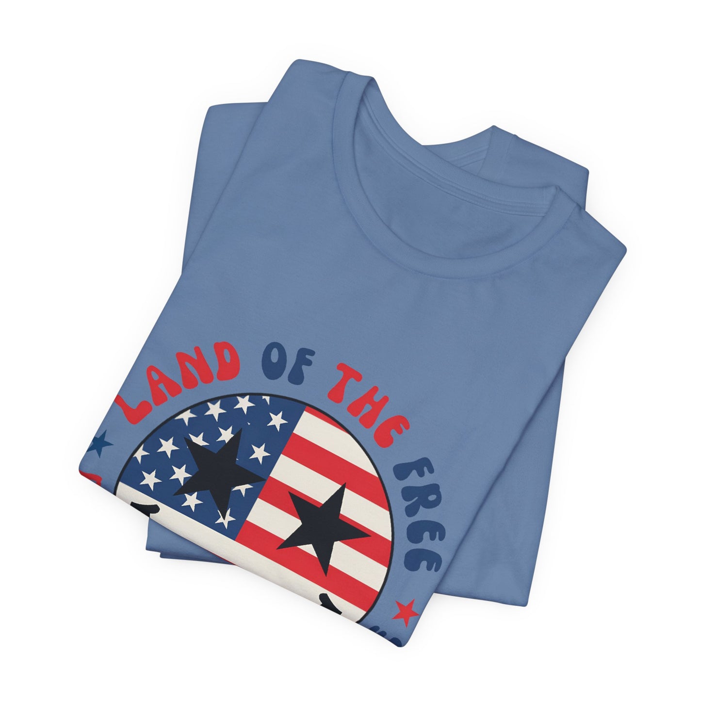 Patriotic Smiley Tee - "Land of the Free Because of the Brave" American Flag Shirt