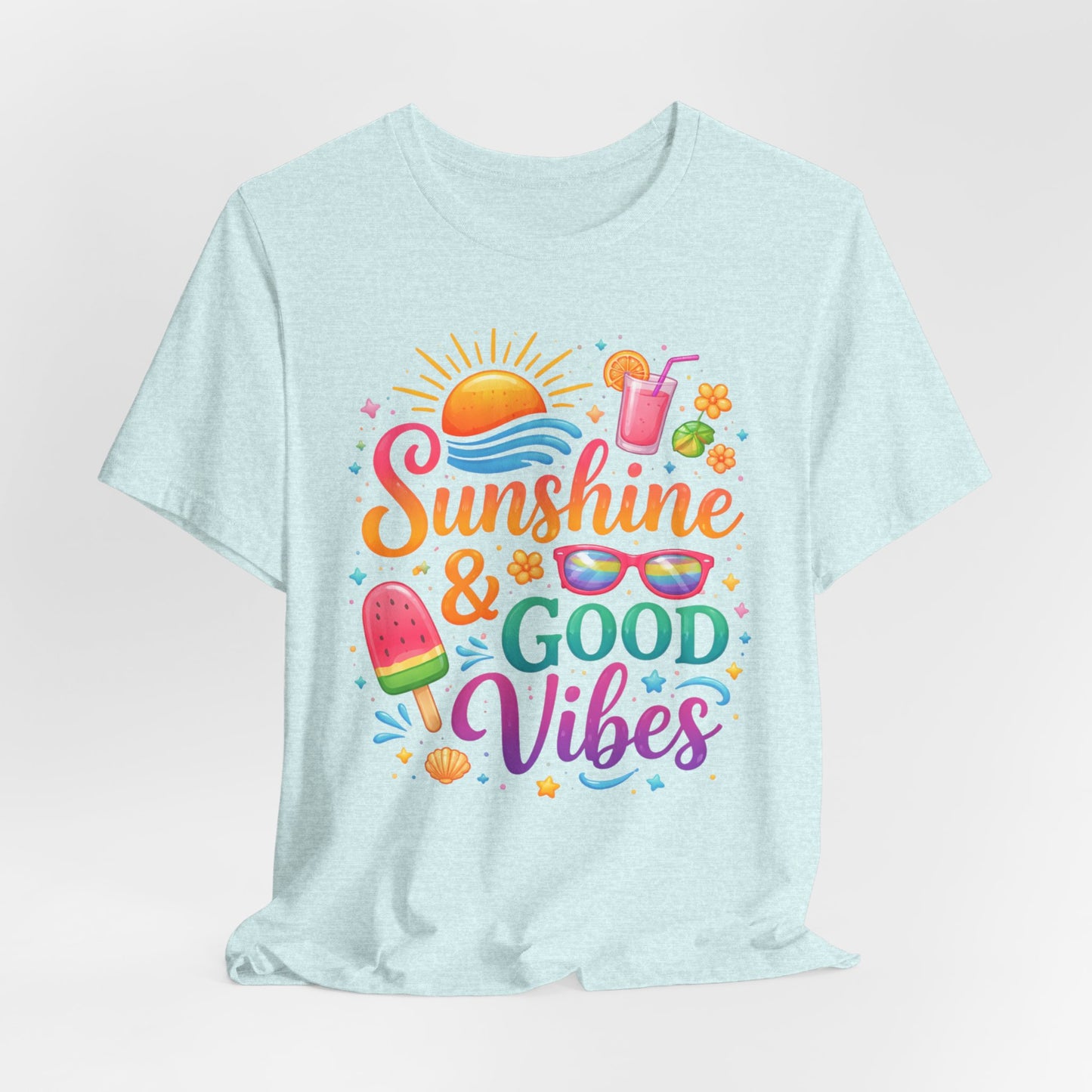 Sunshine & Good Vibes T-Shirt | Summer Beach Drink Sunglasses Popsicle Design