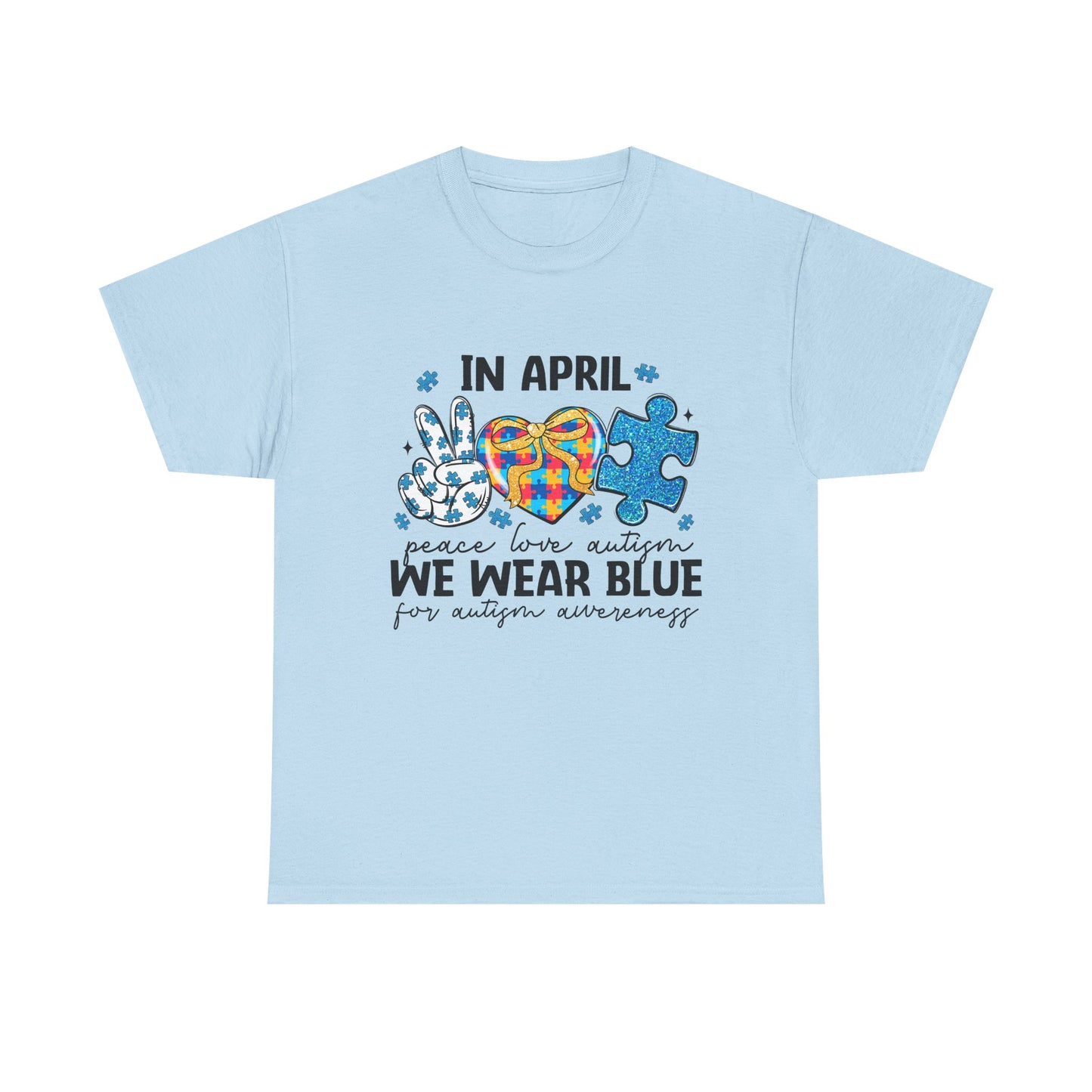 Autism Awareness Tee — "In April We Wear Blue" Puzzle Heart Peace Sign
