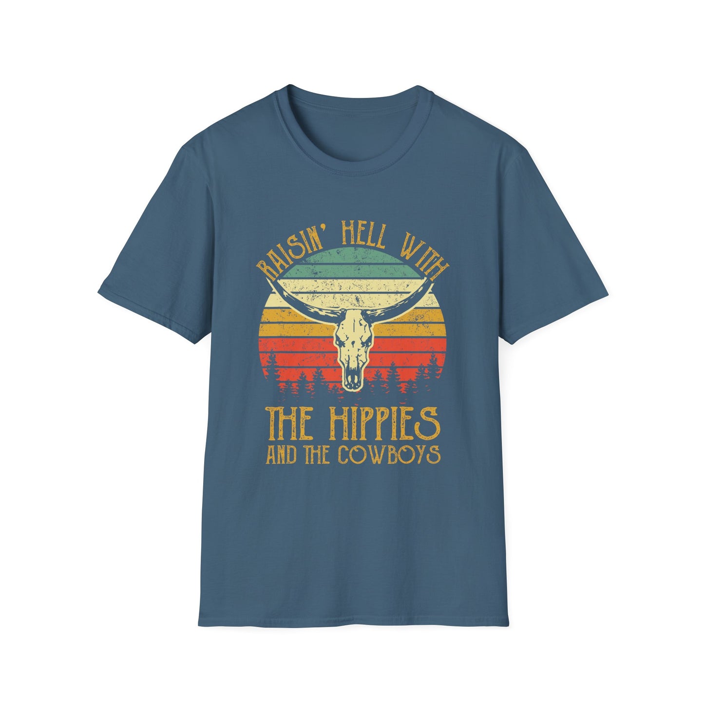 T-Shirt — Raisin' Hell With The Hippies And The Cowboys Vintage Skull Graphic