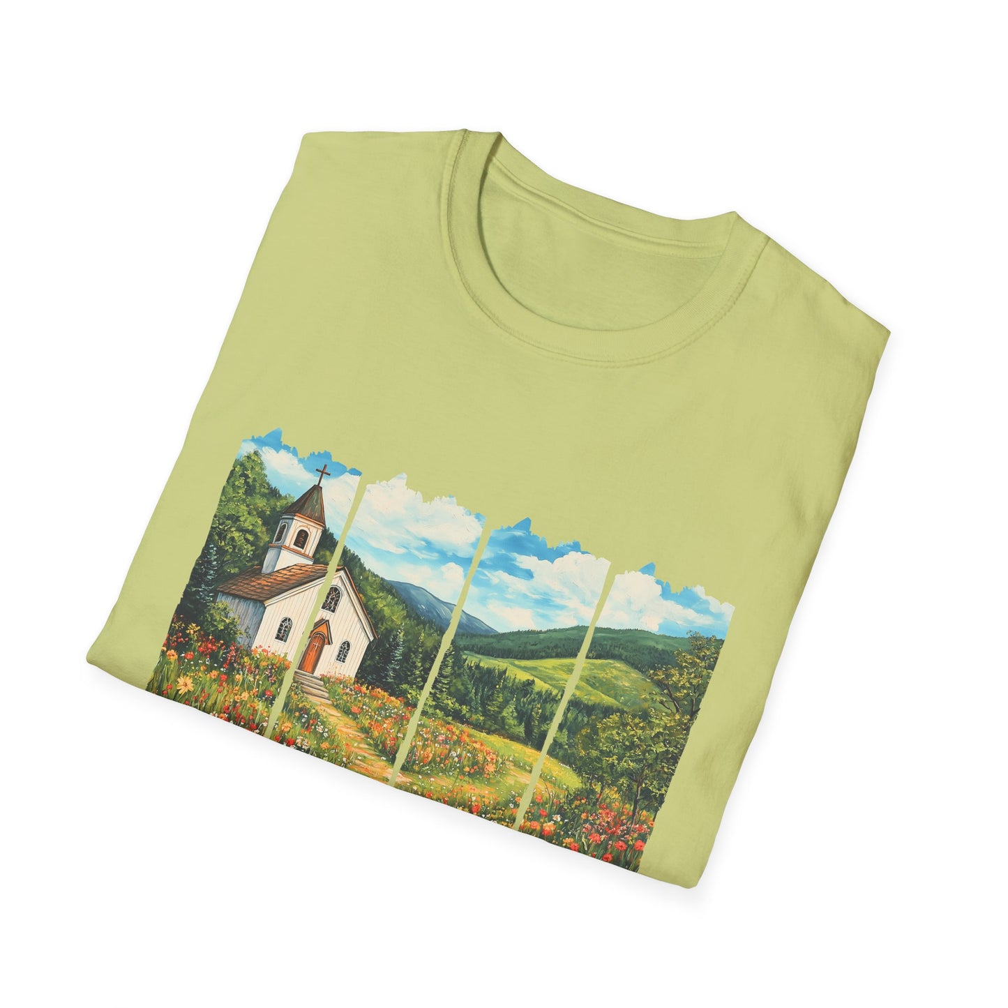 Scenic Chapel Landscape T-Shirt — Countryside Floral Mountain Art Tee
