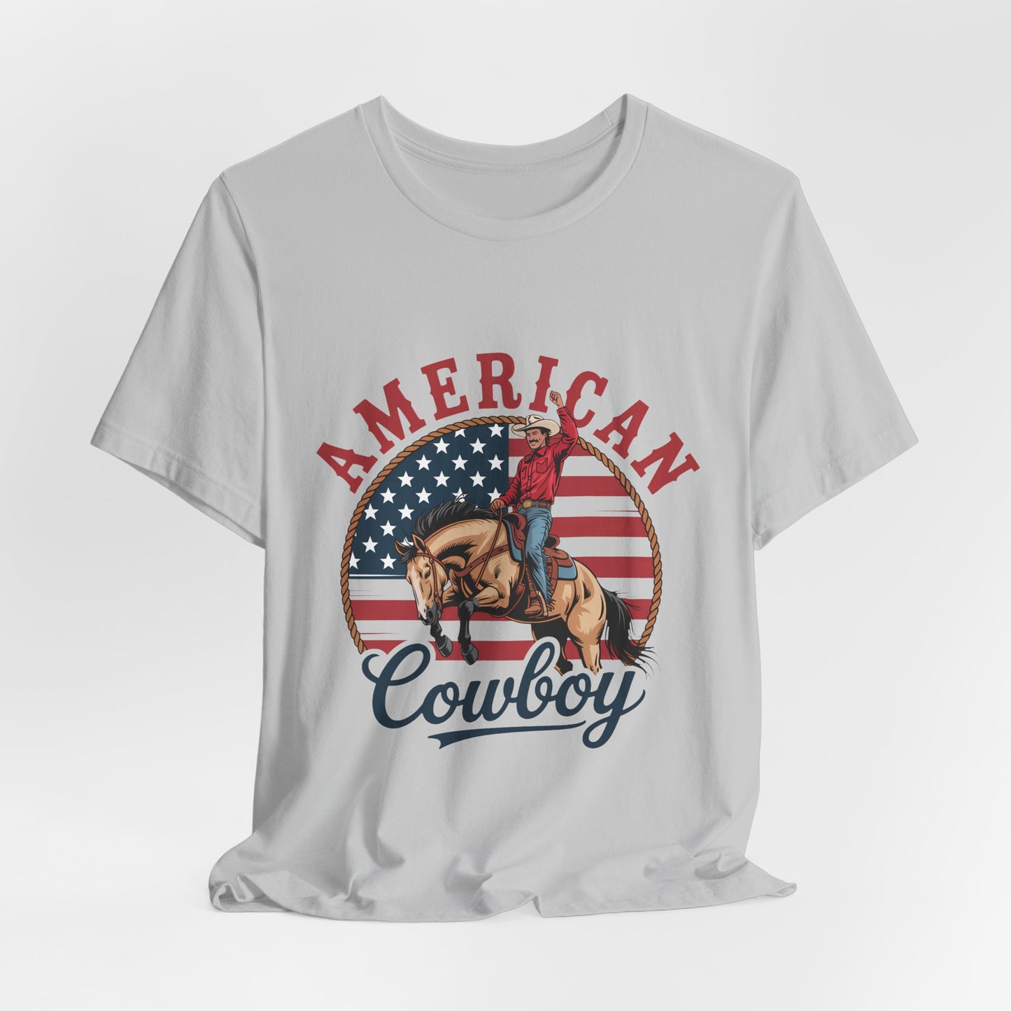 American Cowboy T-Shirt – patriotic rodeo tee with flag and rider