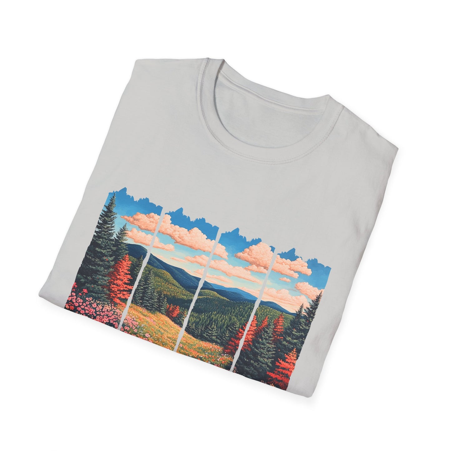 Scenic Meadow Sunrise T-Shirt — Vintage Window Pane Mountain Landscape Tee