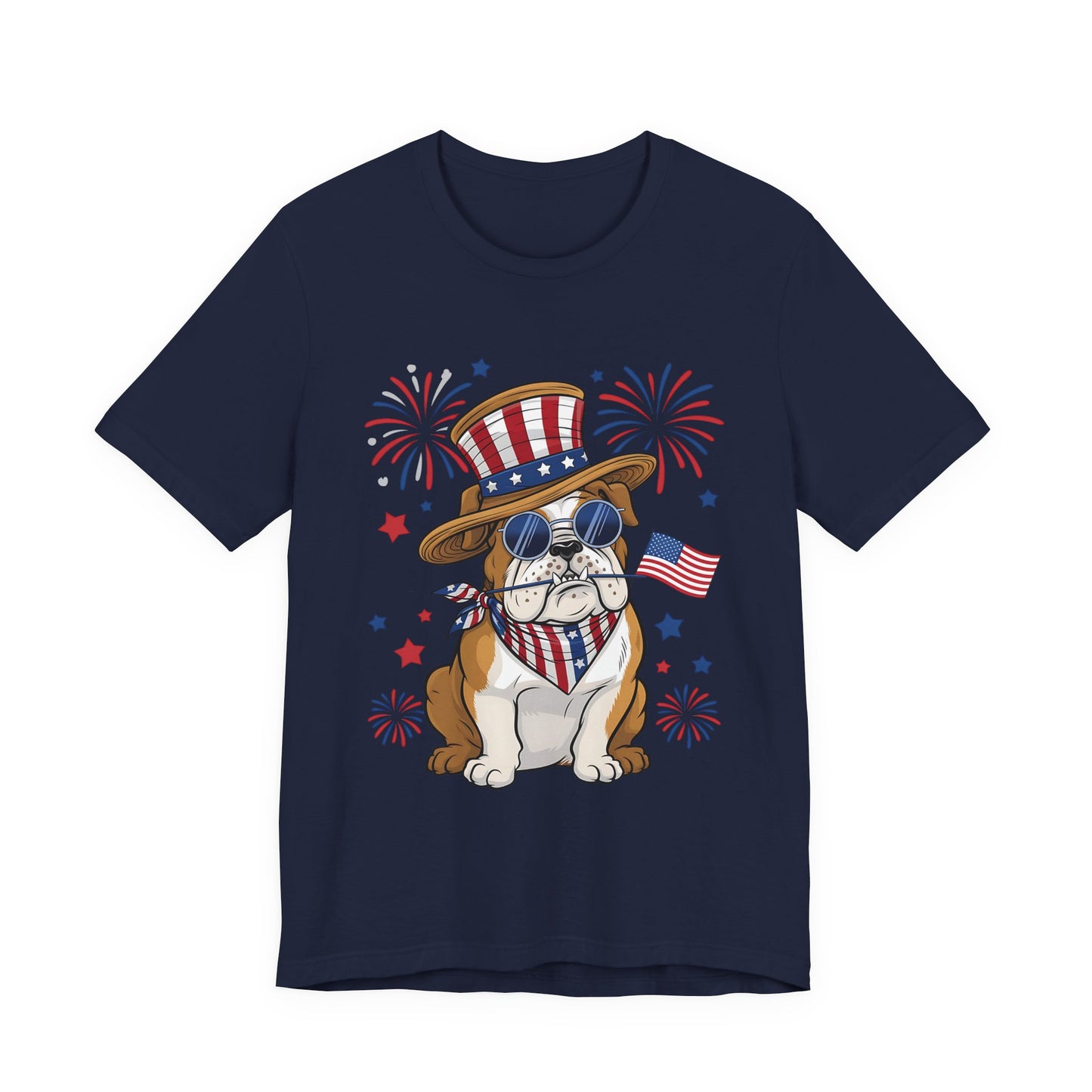 Patriotic Bulldog T-Shirt — American Flag Pup with Uncle Sam Hat & Fireworks (4th of July Tee)