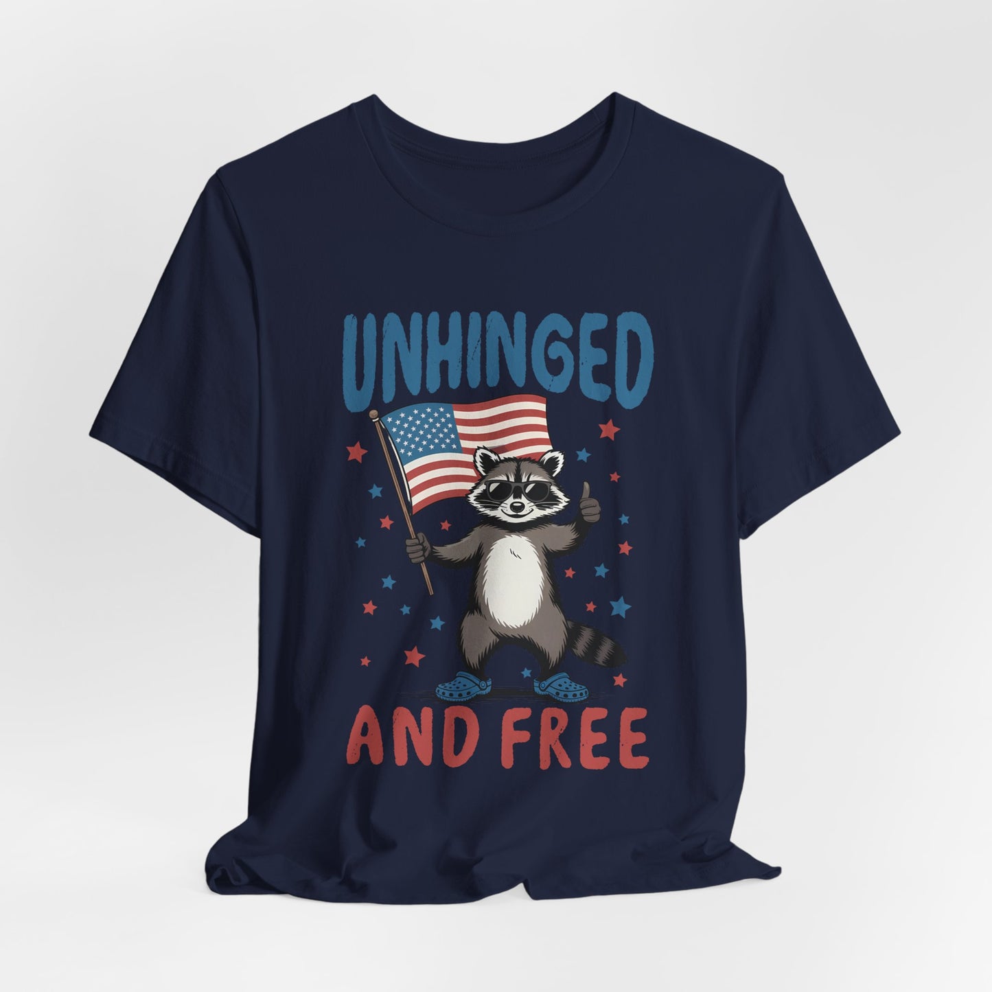 T‑Shirt — "Unhinged and Free" Raccoon American Flag Graphic Tee
