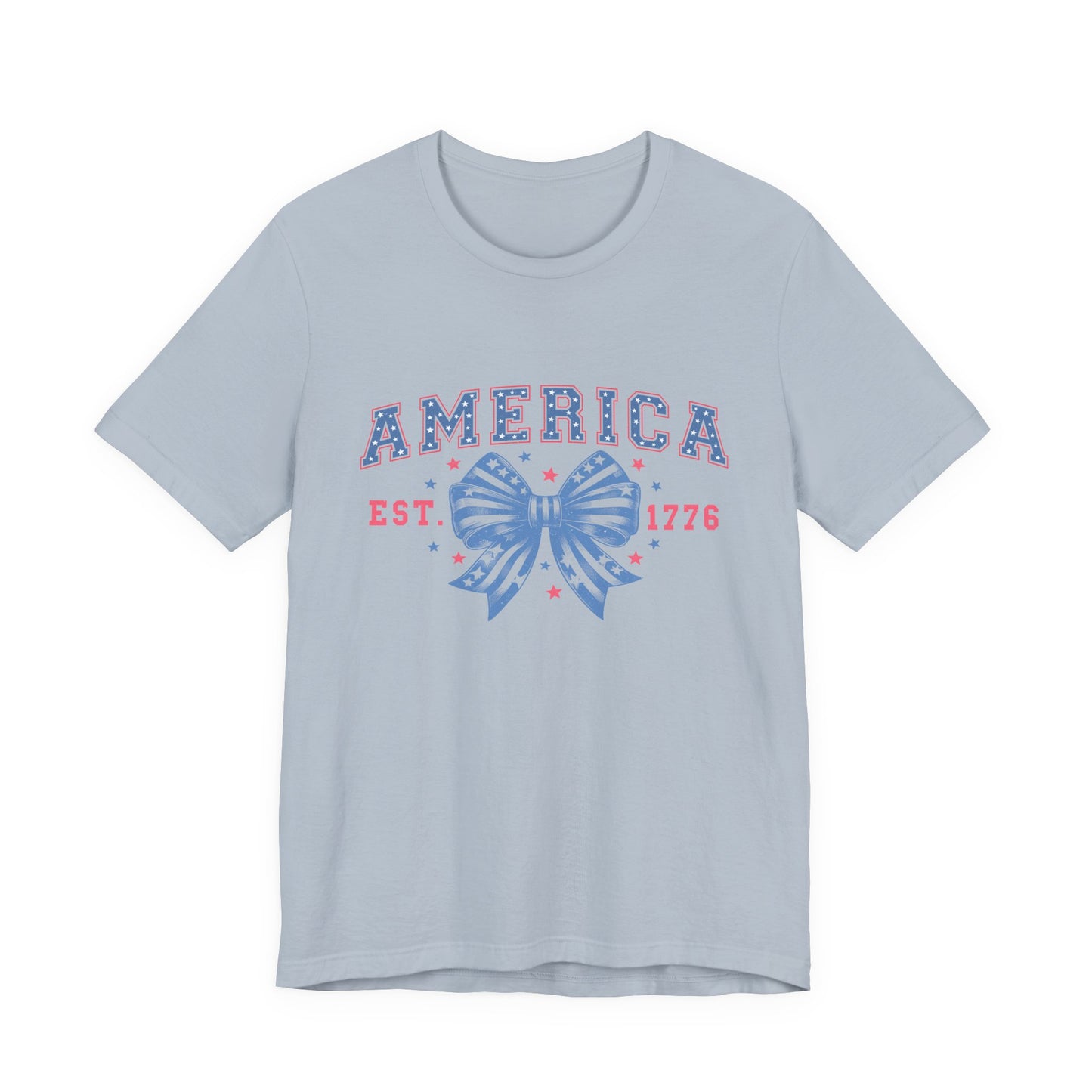 America Est. 1776 Patriotic T-Shirt – Stars & Stripes Bow Graphic