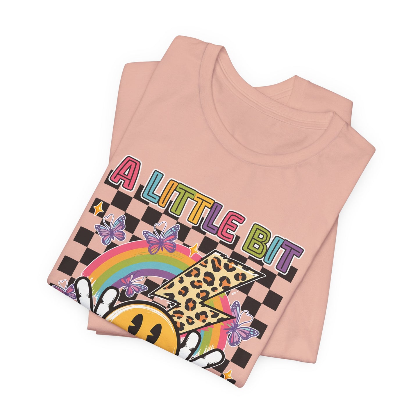 A Little Bit Dramatic Graphic Tee — Smiley Rainbow Checkerboard T-Shirt