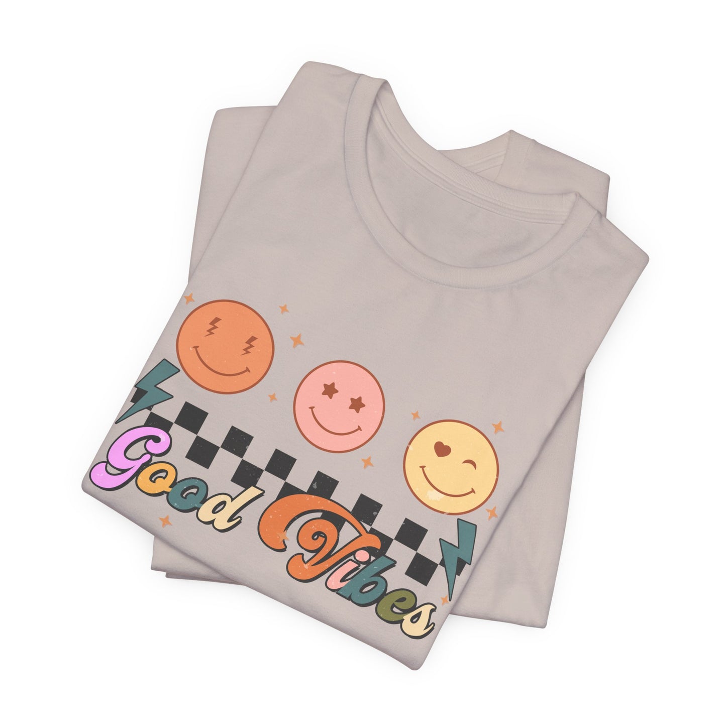 Good Vibes Smiley Tee — Retro Checkerboard Positive Graphic T-Shirt