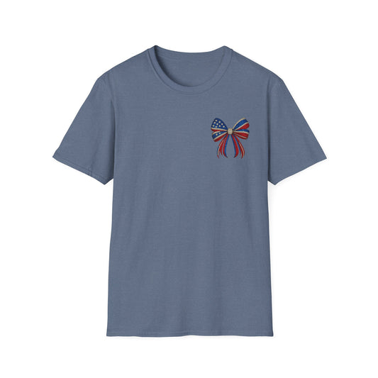 Patriotic Tee - "Land of the Free Because of the Brave" American Flag Bow