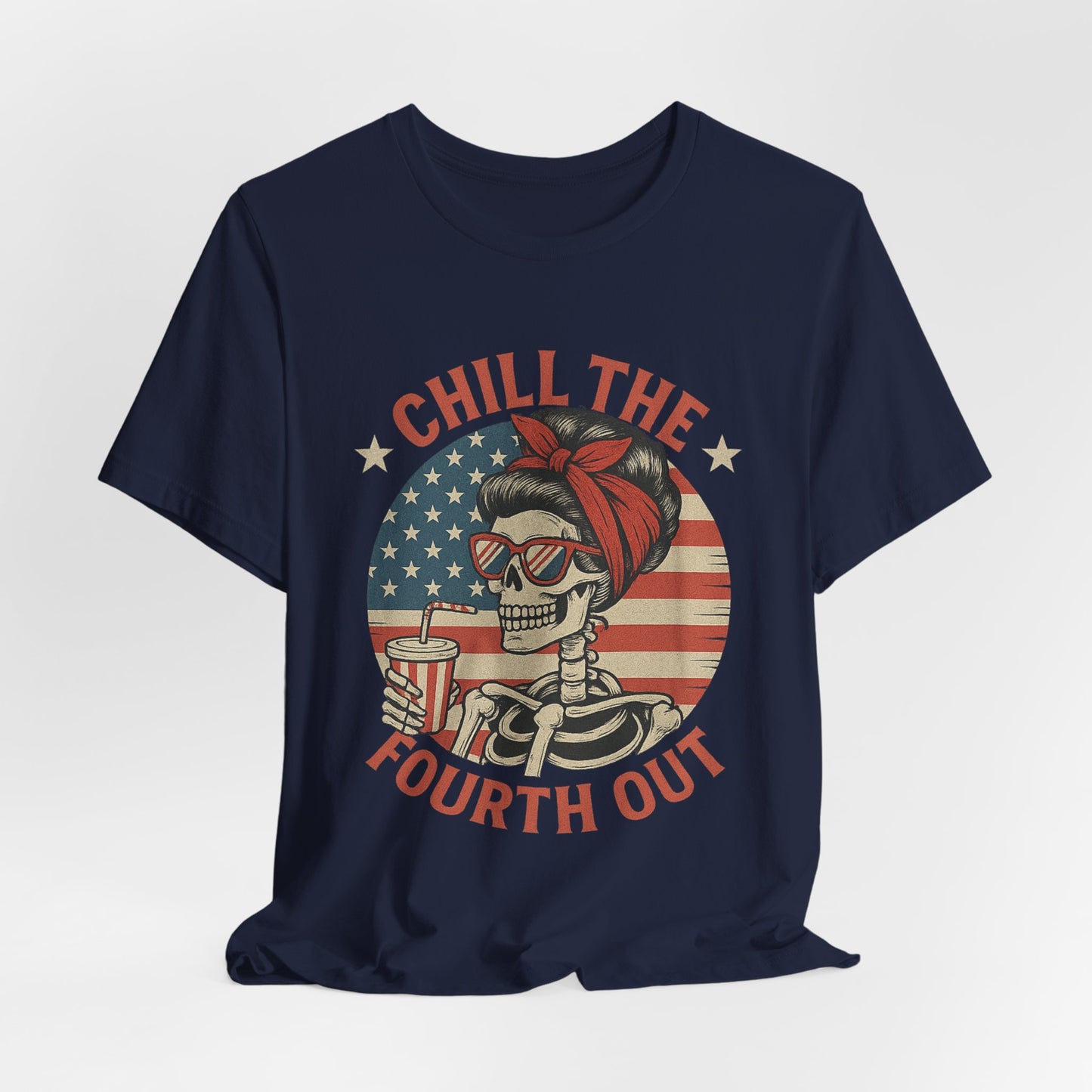 Chill the Fourth Out Tee – Retro Skull with American Flag & Drink | 4th of July Patriotic Shirt