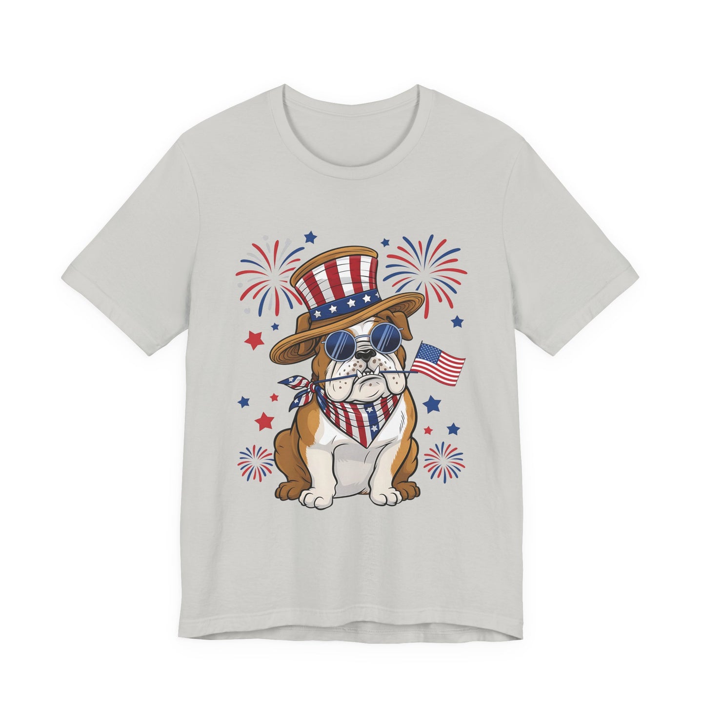 Patriotic Bulldog T-Shirt — American Flag Pup with Uncle Sam Hat & Fireworks (4th of July Tee)